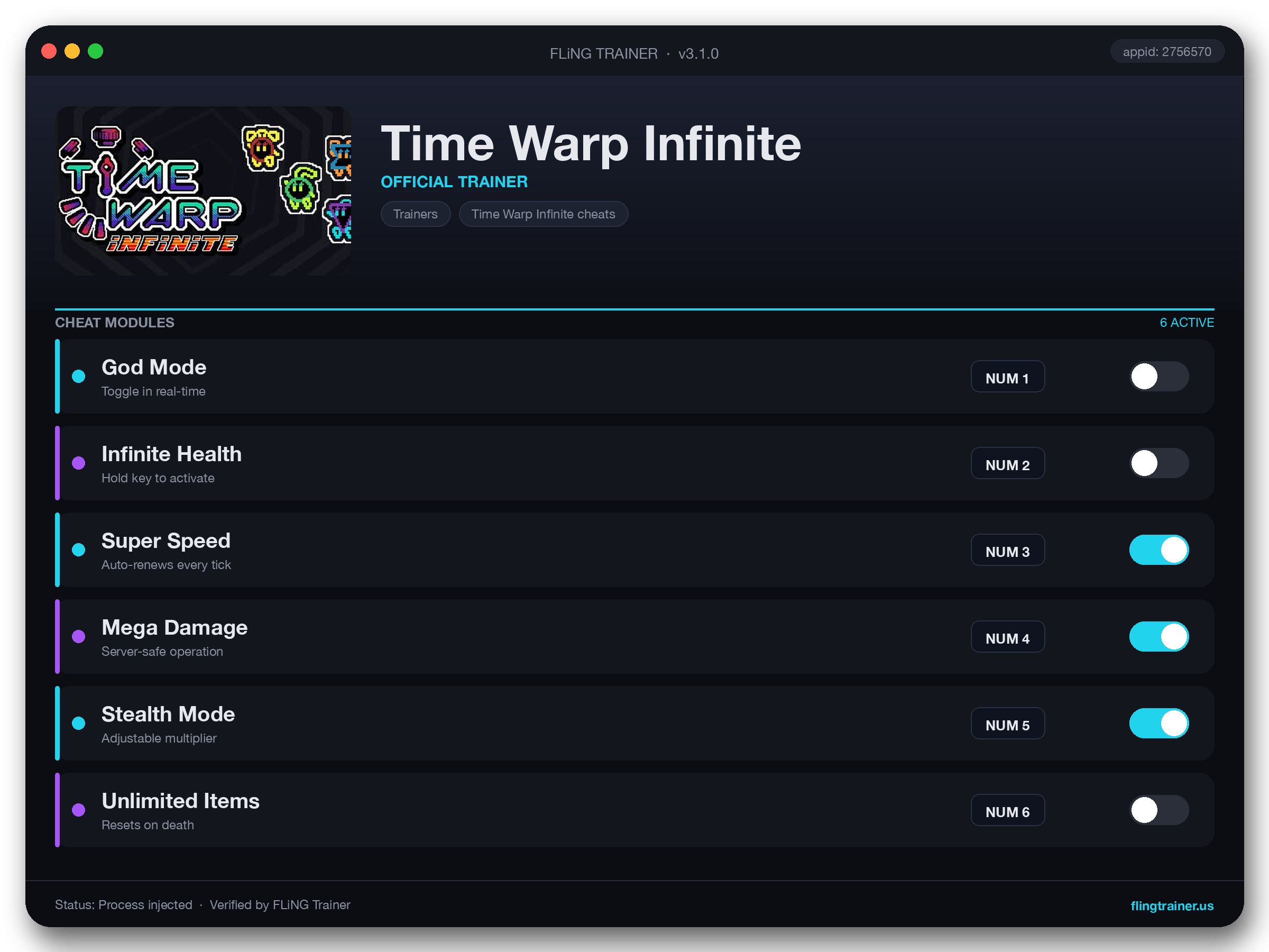Time Warp Infinite Trainer interface