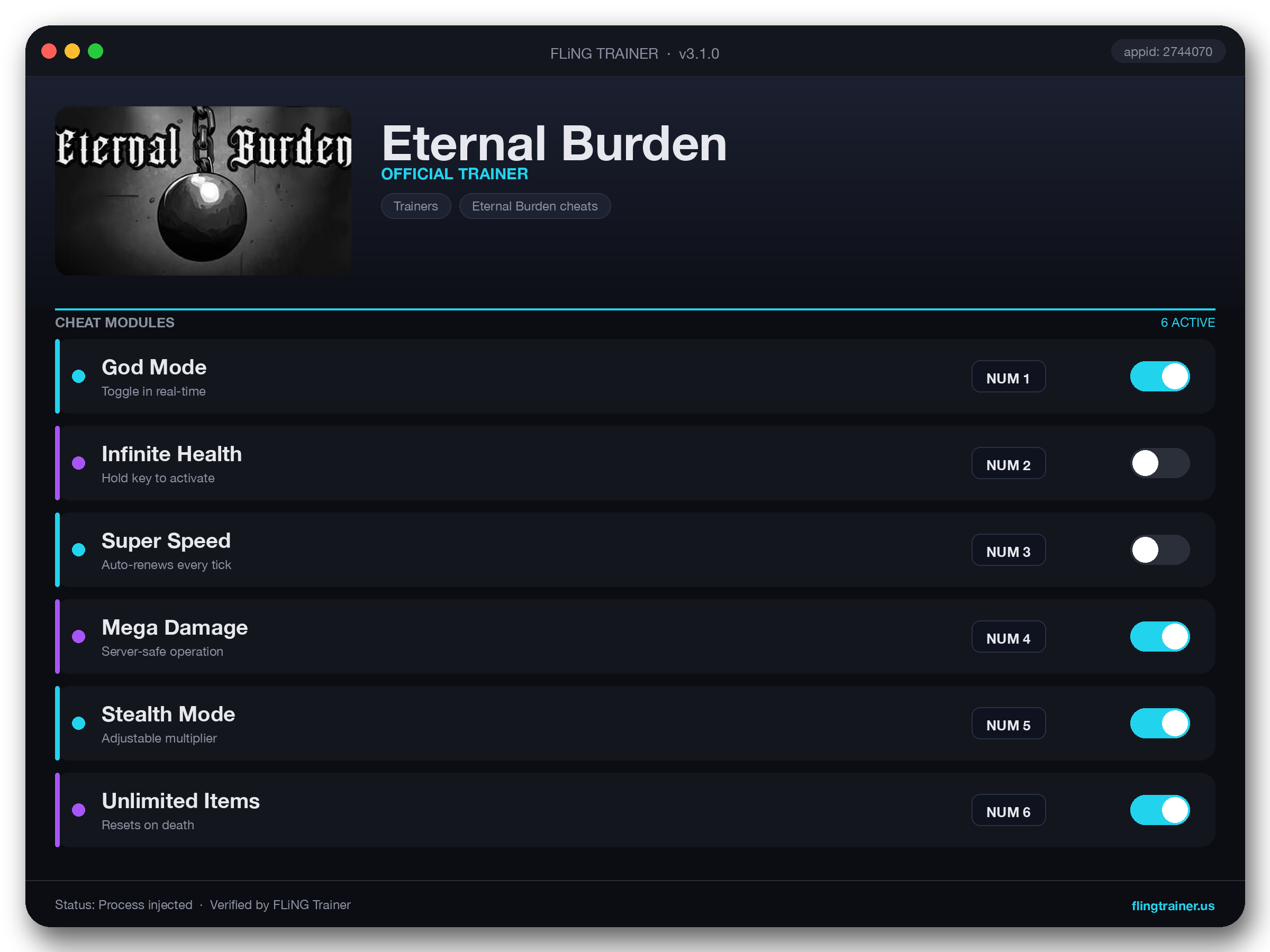 Eternal Burden Trainer interface