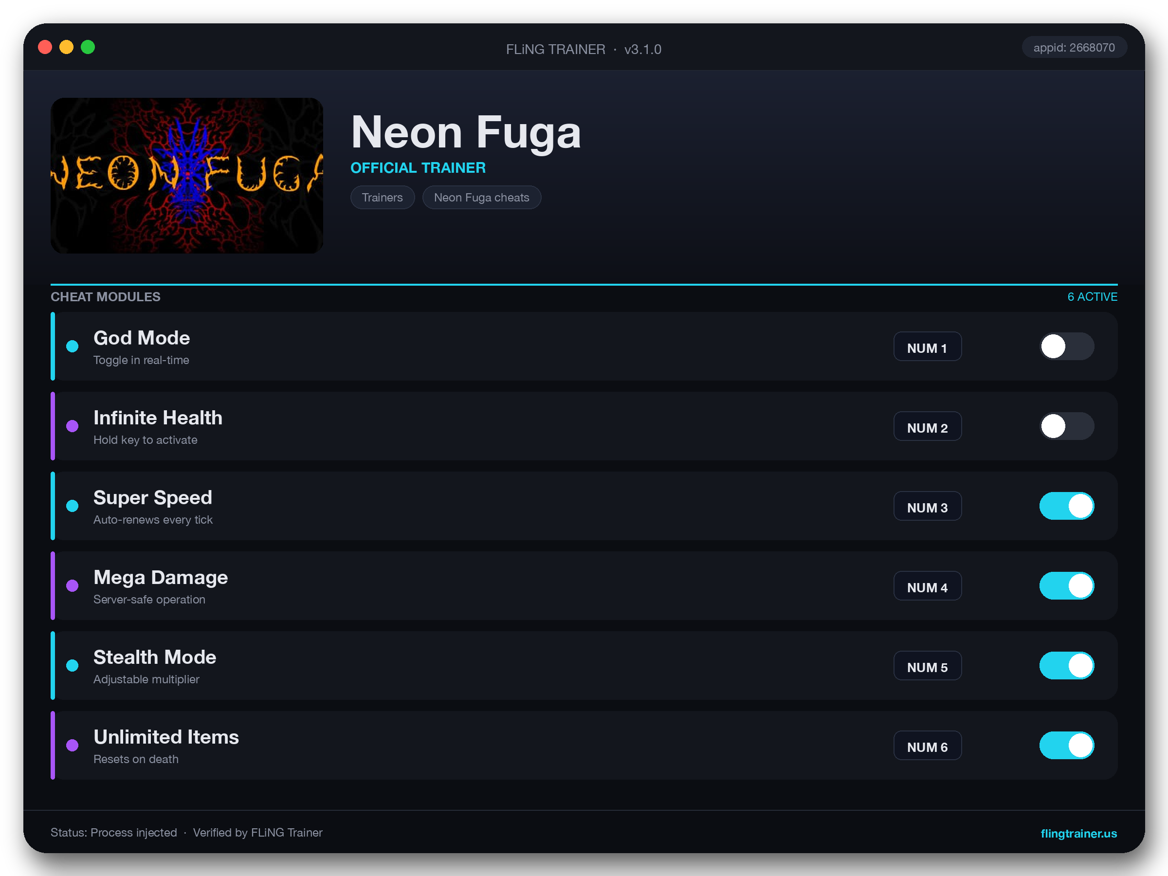 Neon Fuga Trainer interface