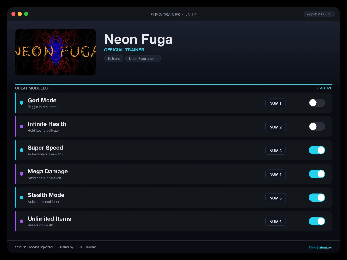 Neon Fuga Trainer interface