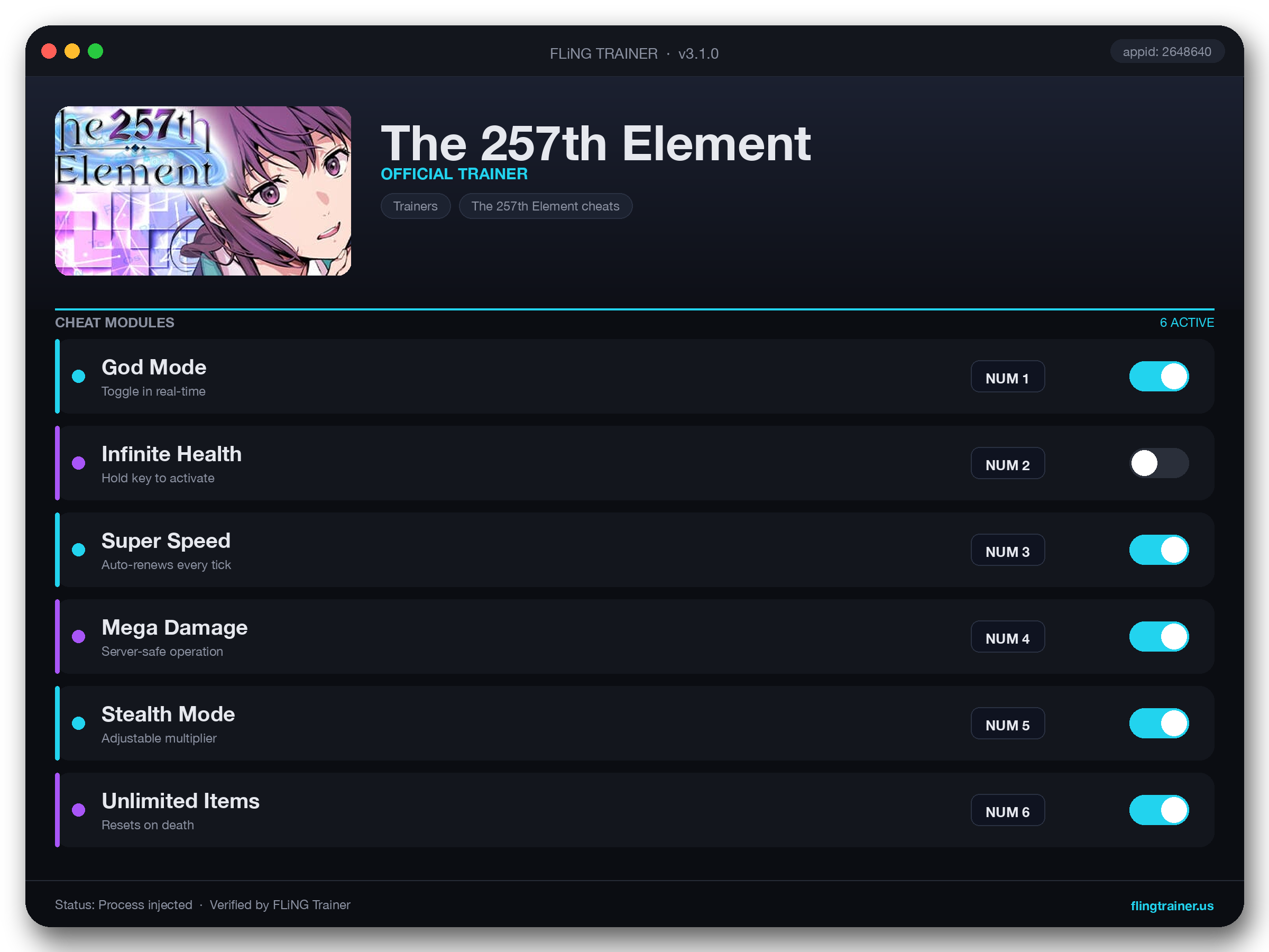 The 257th Element Trainer interface