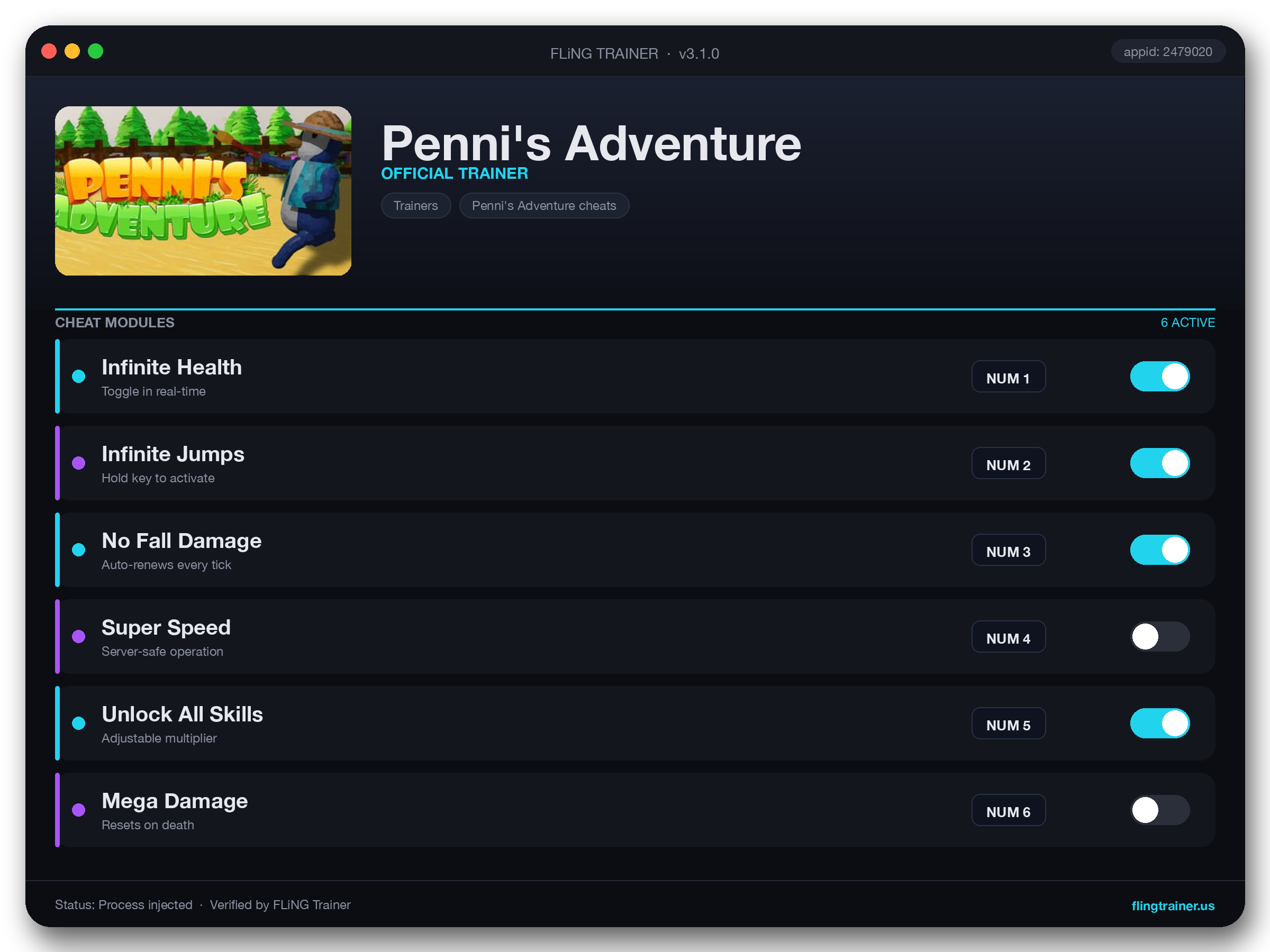 Penni's Adventure Trainer interface