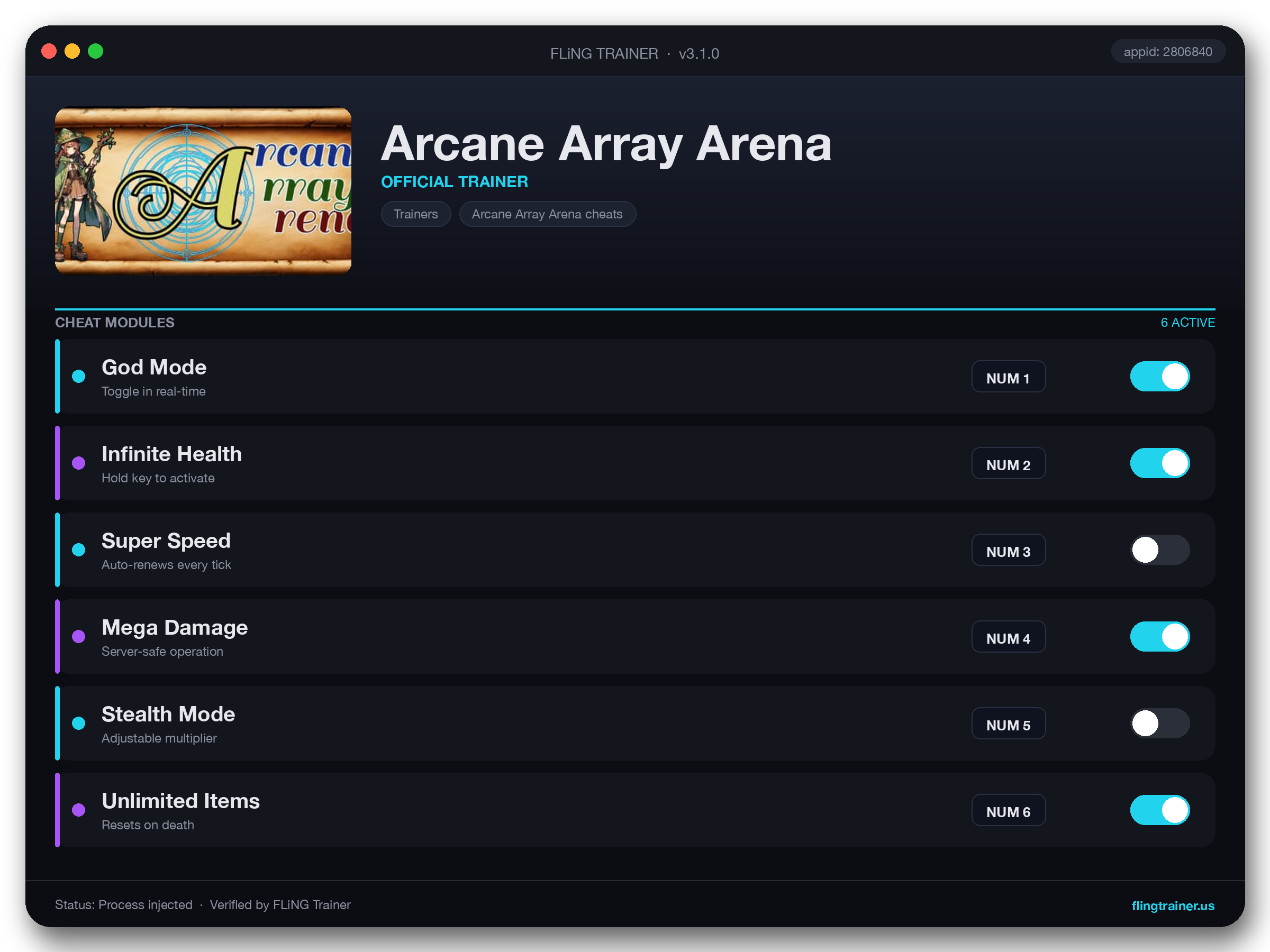 Arcane Array Arena Trainer interface