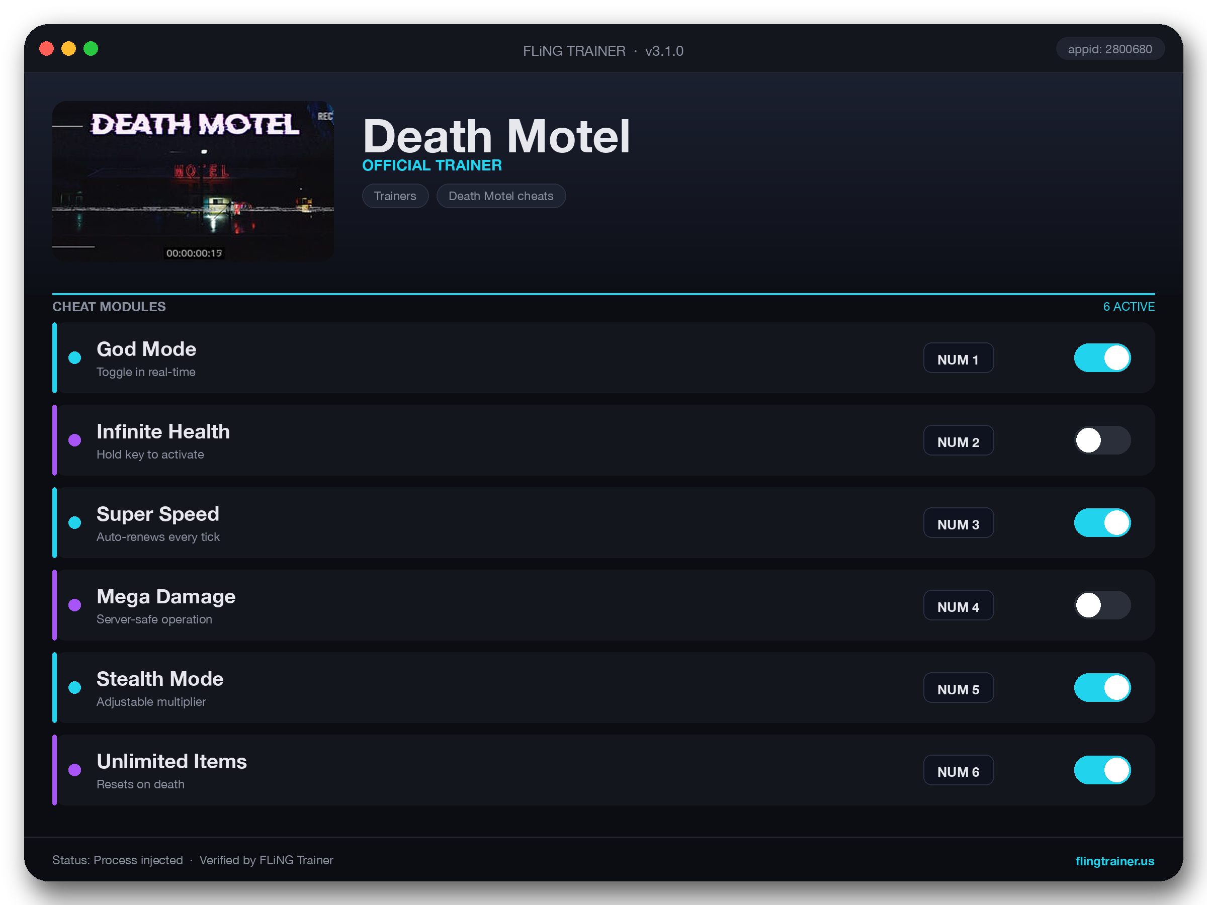 Death Motel Trainer interface