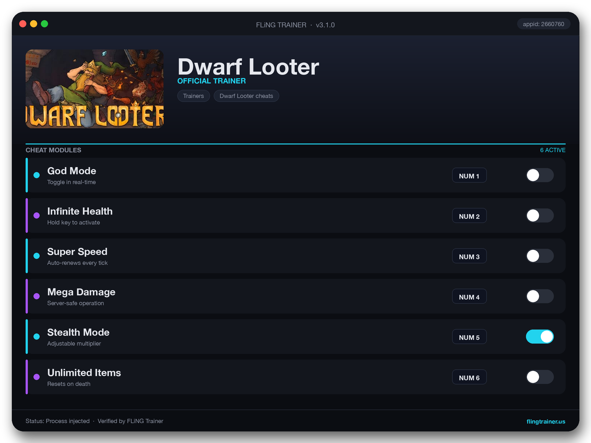 Dwarf Looter Trainer interface