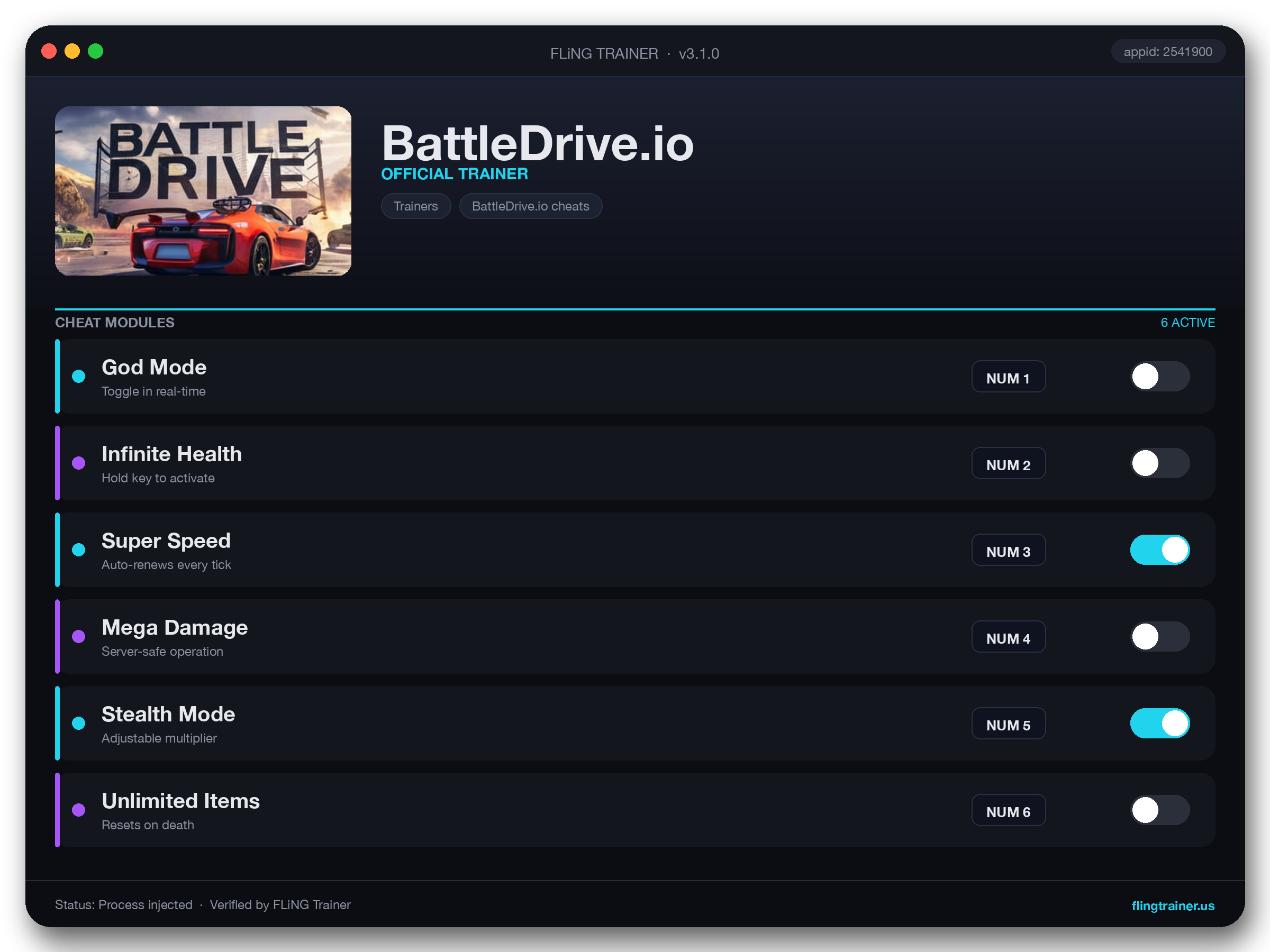 BattleDrive.io Trainer interface
