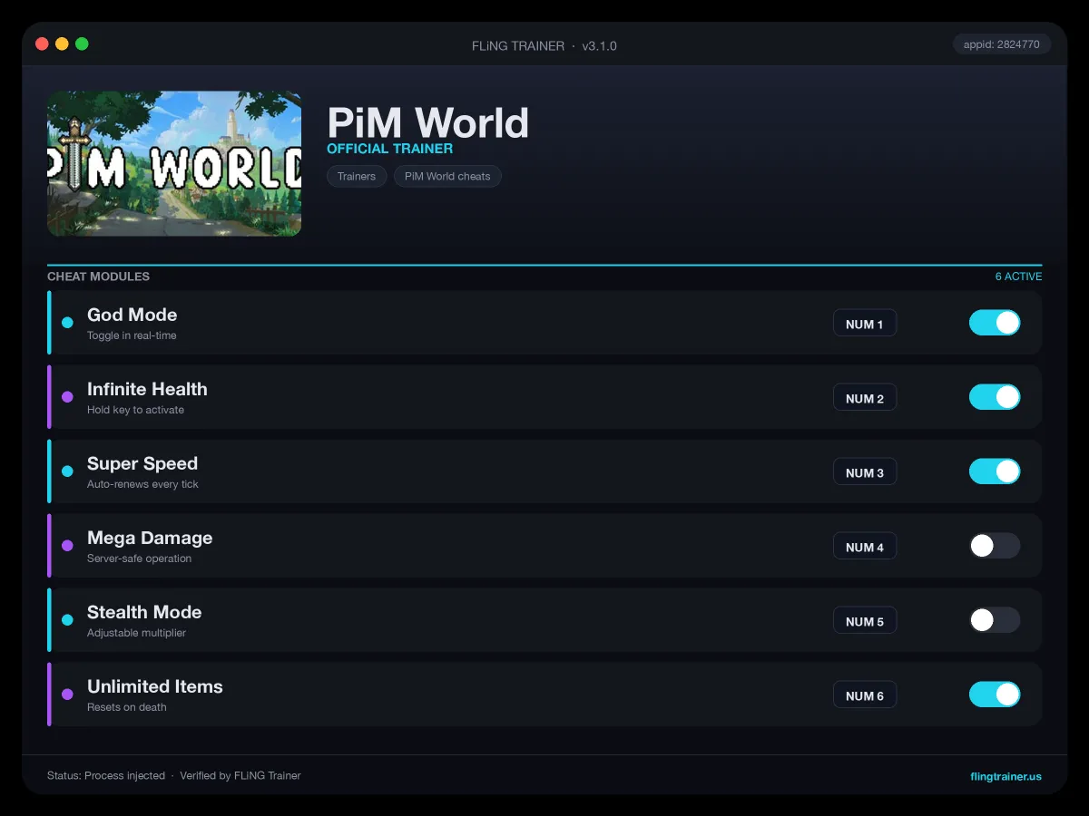 PiM World Trainer interface