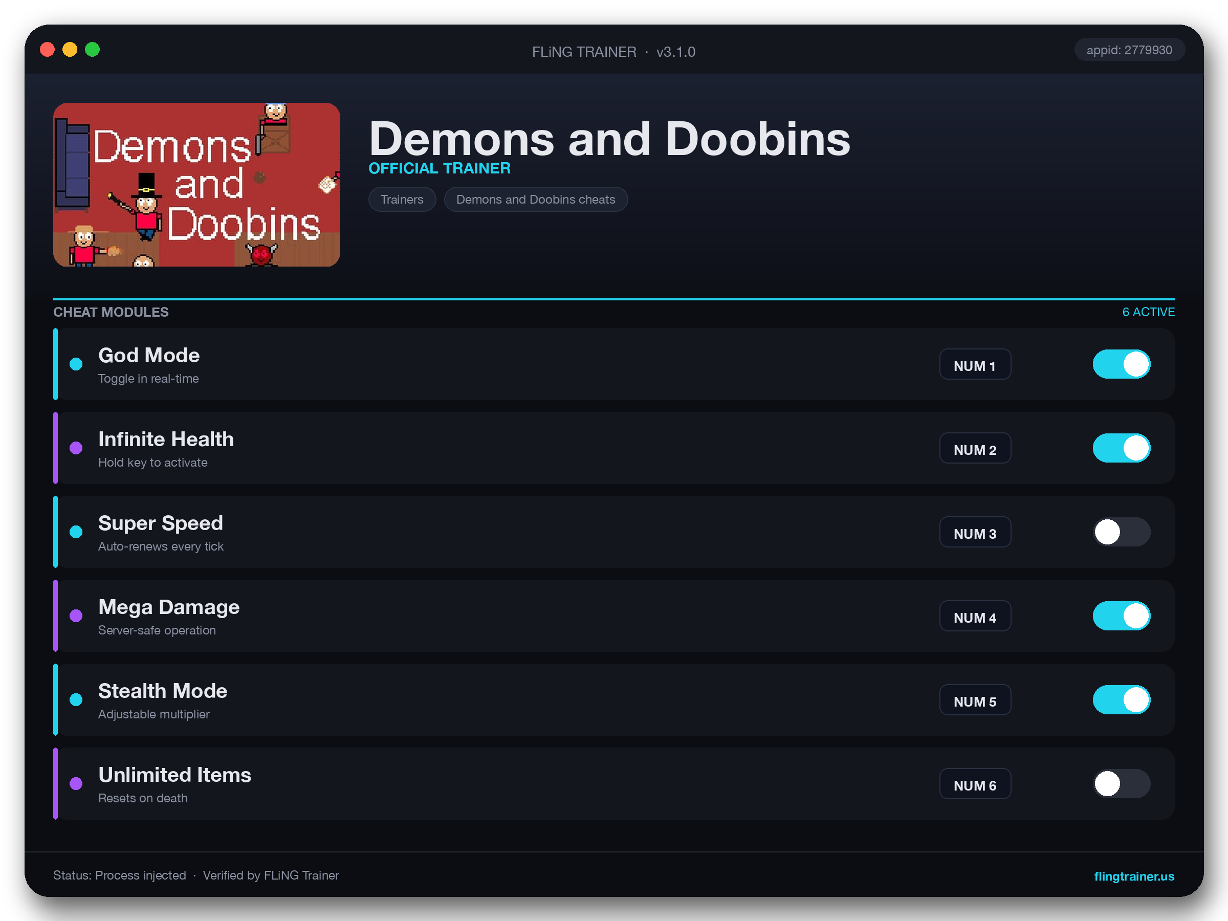 Demons and Doobins Trainer interface