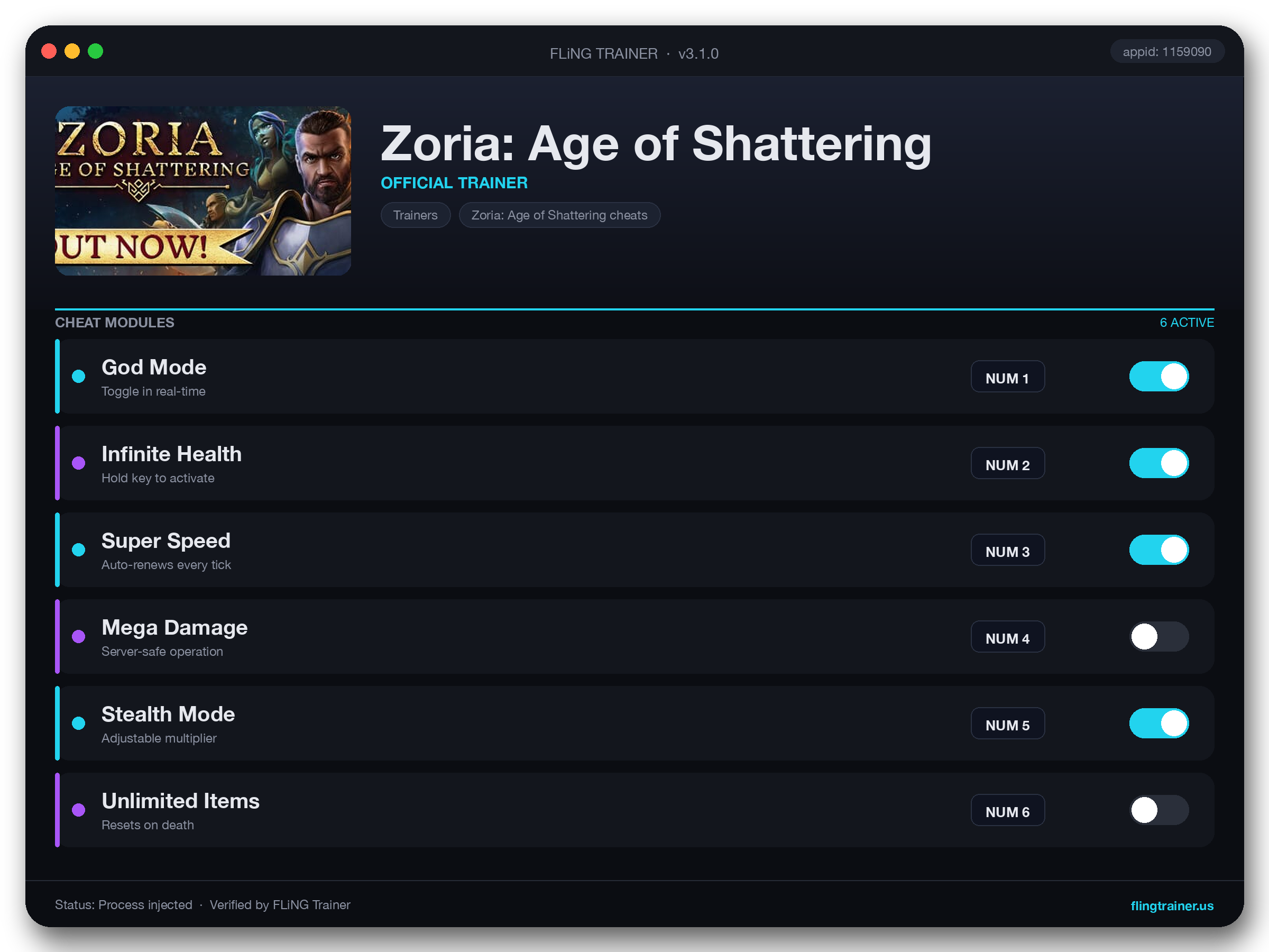Zoria: Age of Shattering Trainer interface