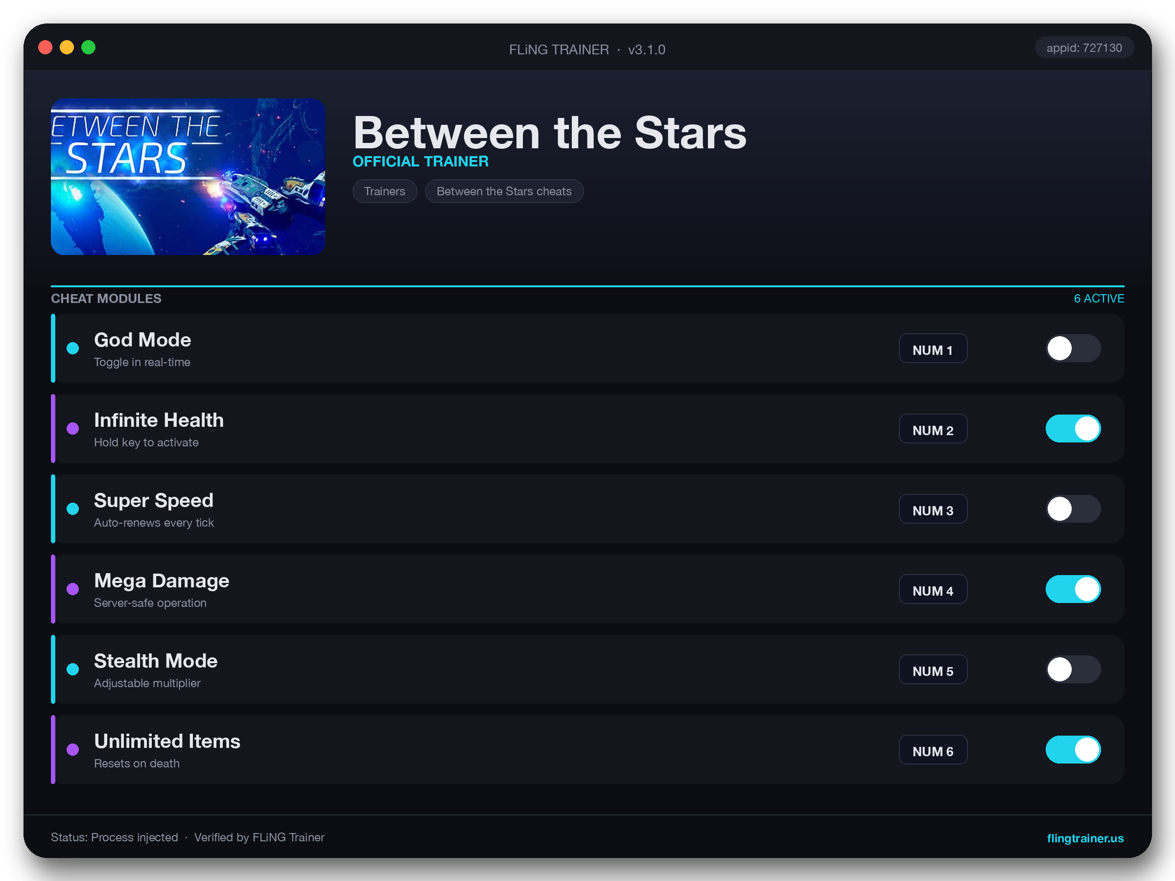 Between the Stars Trainer interface