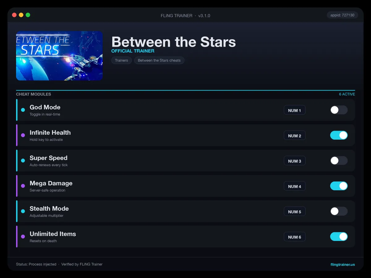 Between the Stars Trainer interface
