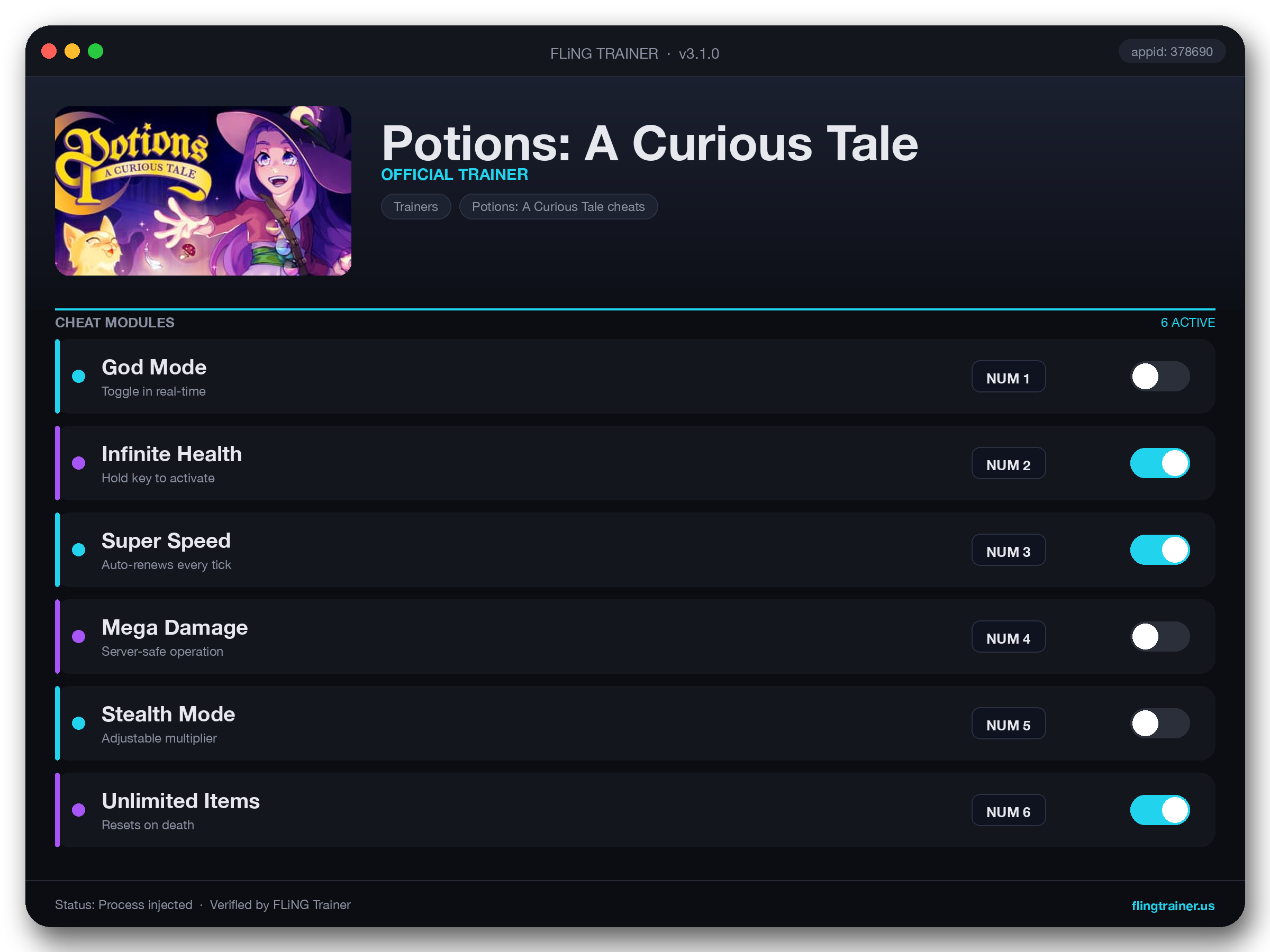Potions: A Curious Tale Trainer interface