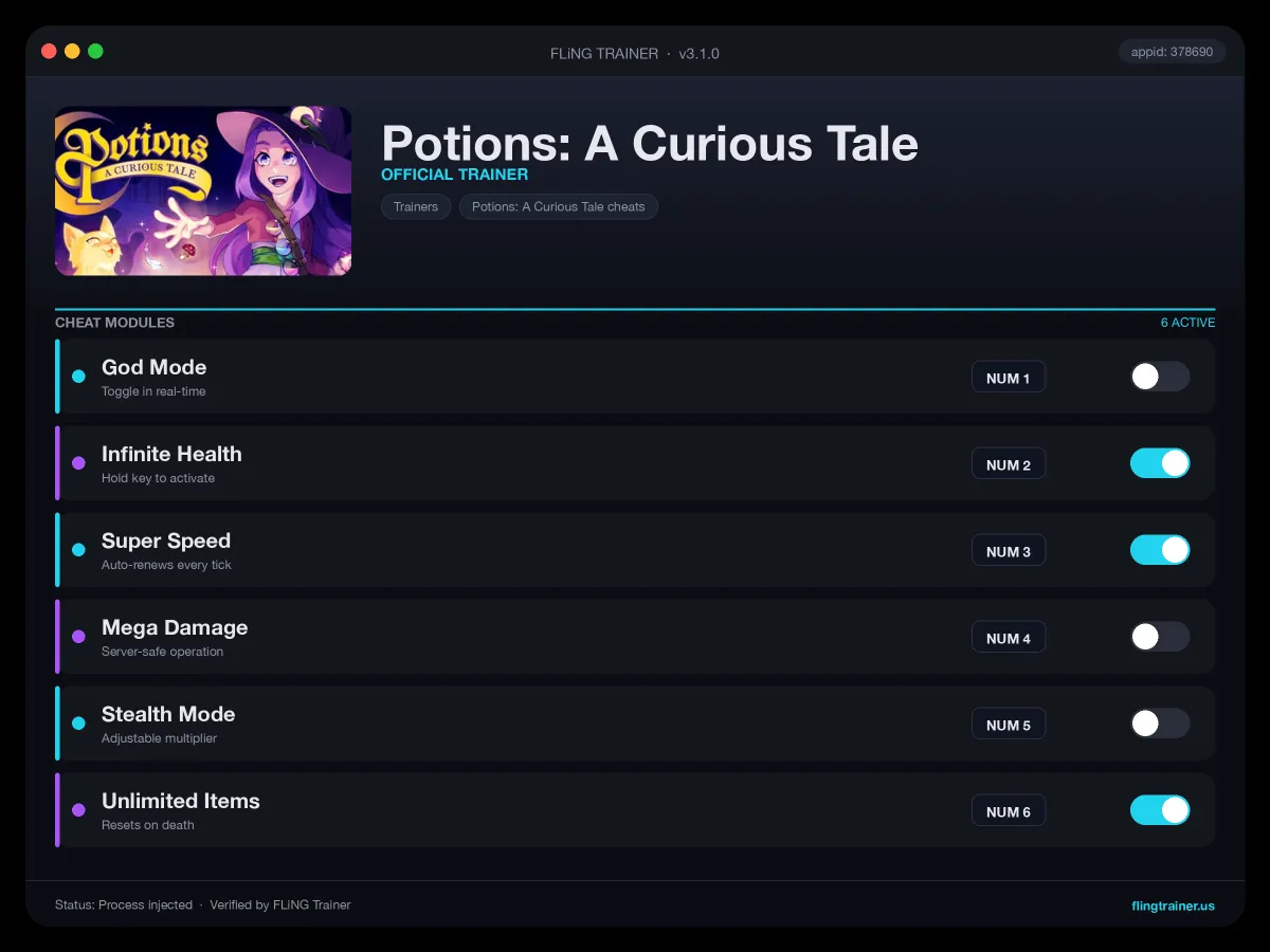 Potions: A Curious Tale Trainer interface