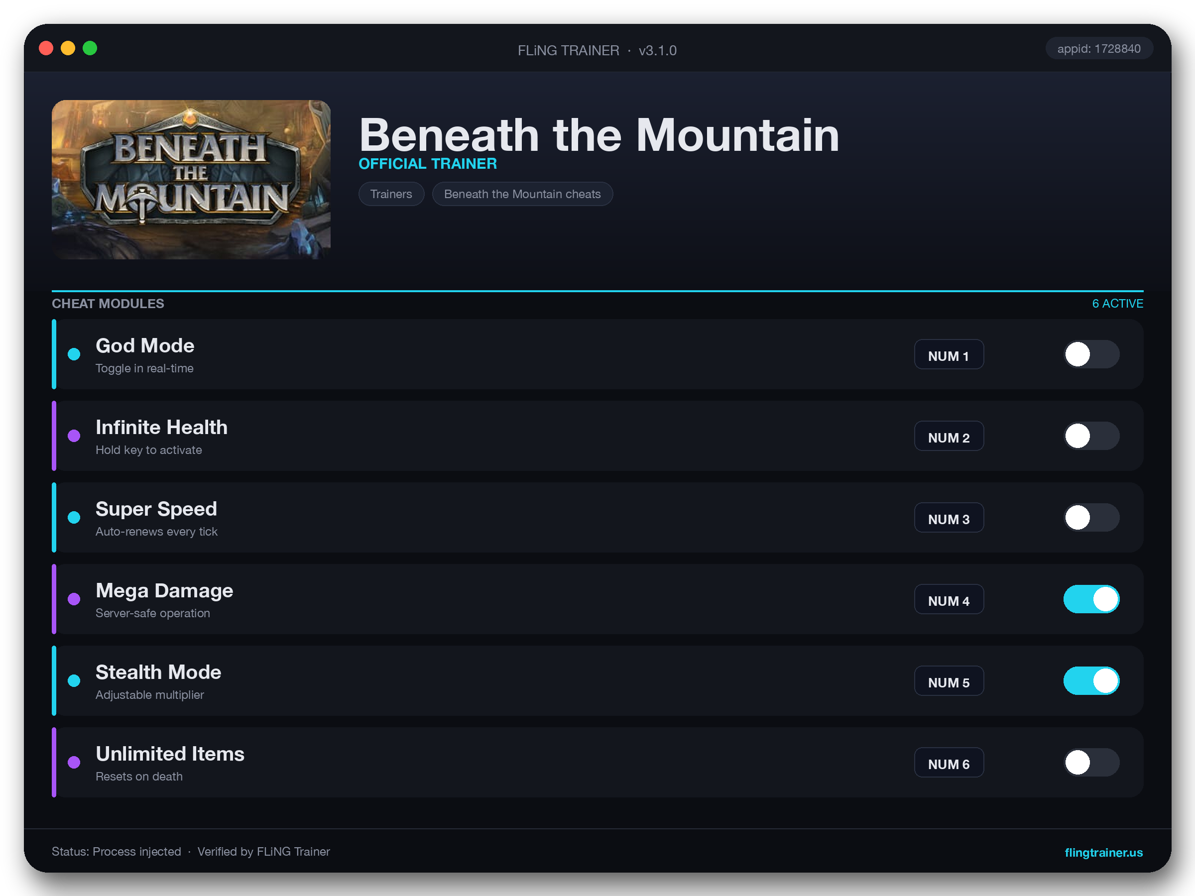 Beneath the Mountain Trainer interface