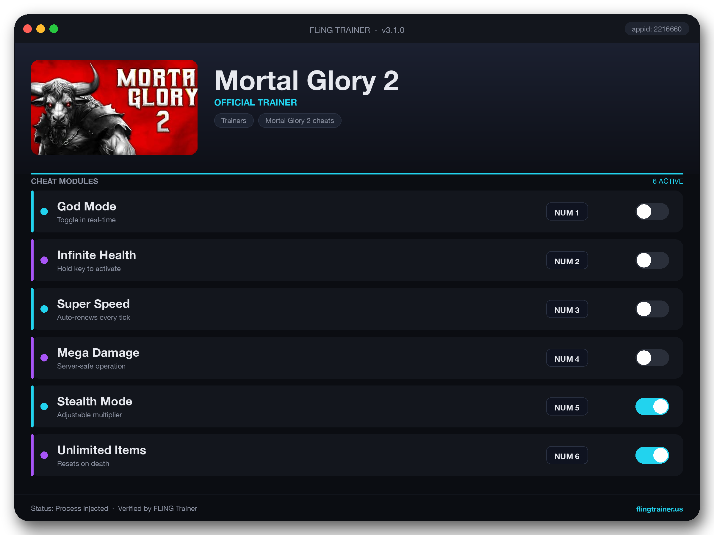 Mortal Glory 2 Trainer interface