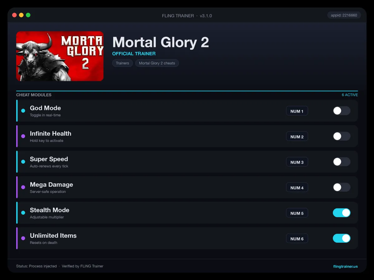 Mortal Glory 2 Trainer interface