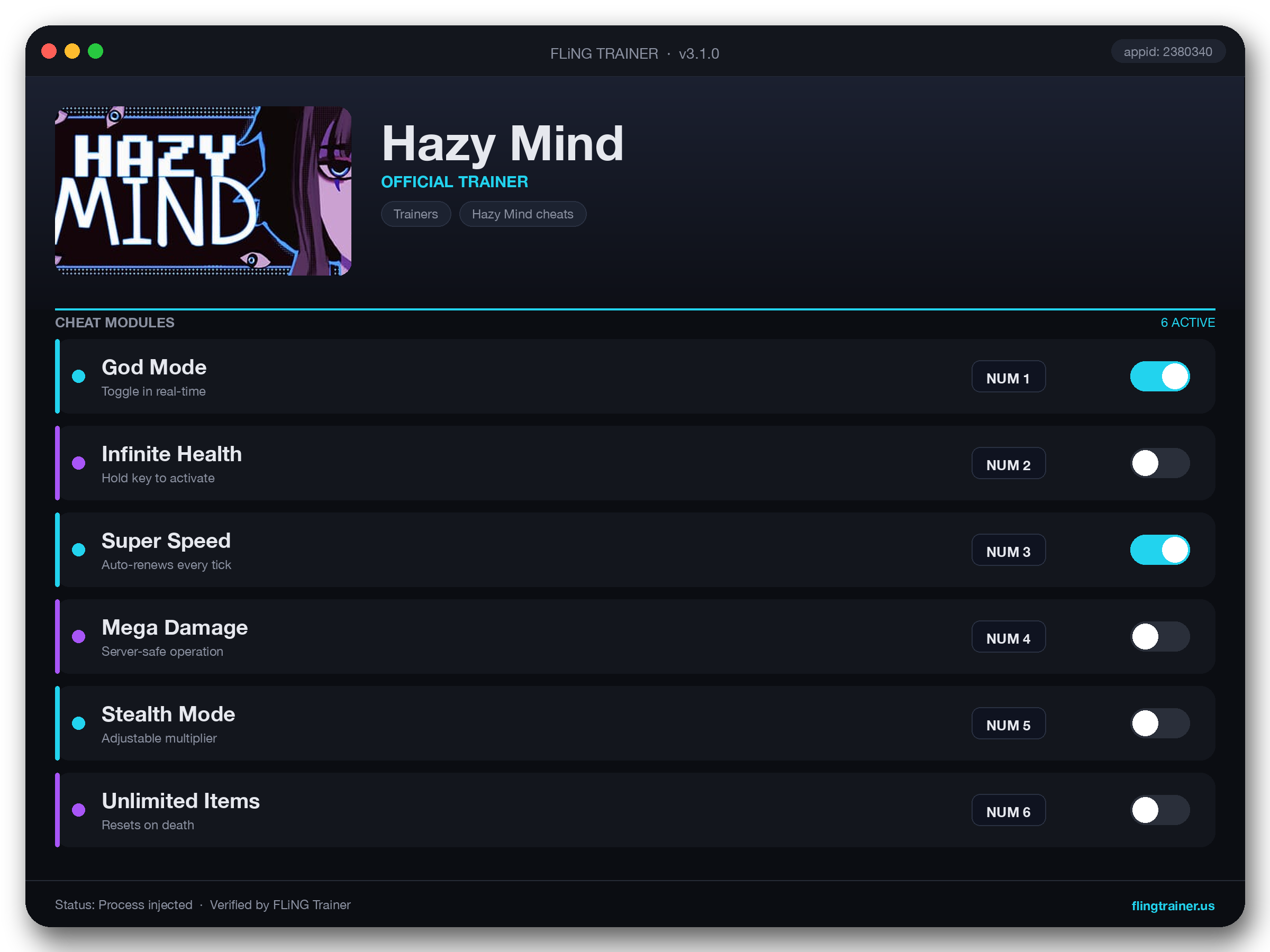 Hazy Mind Trainer interface