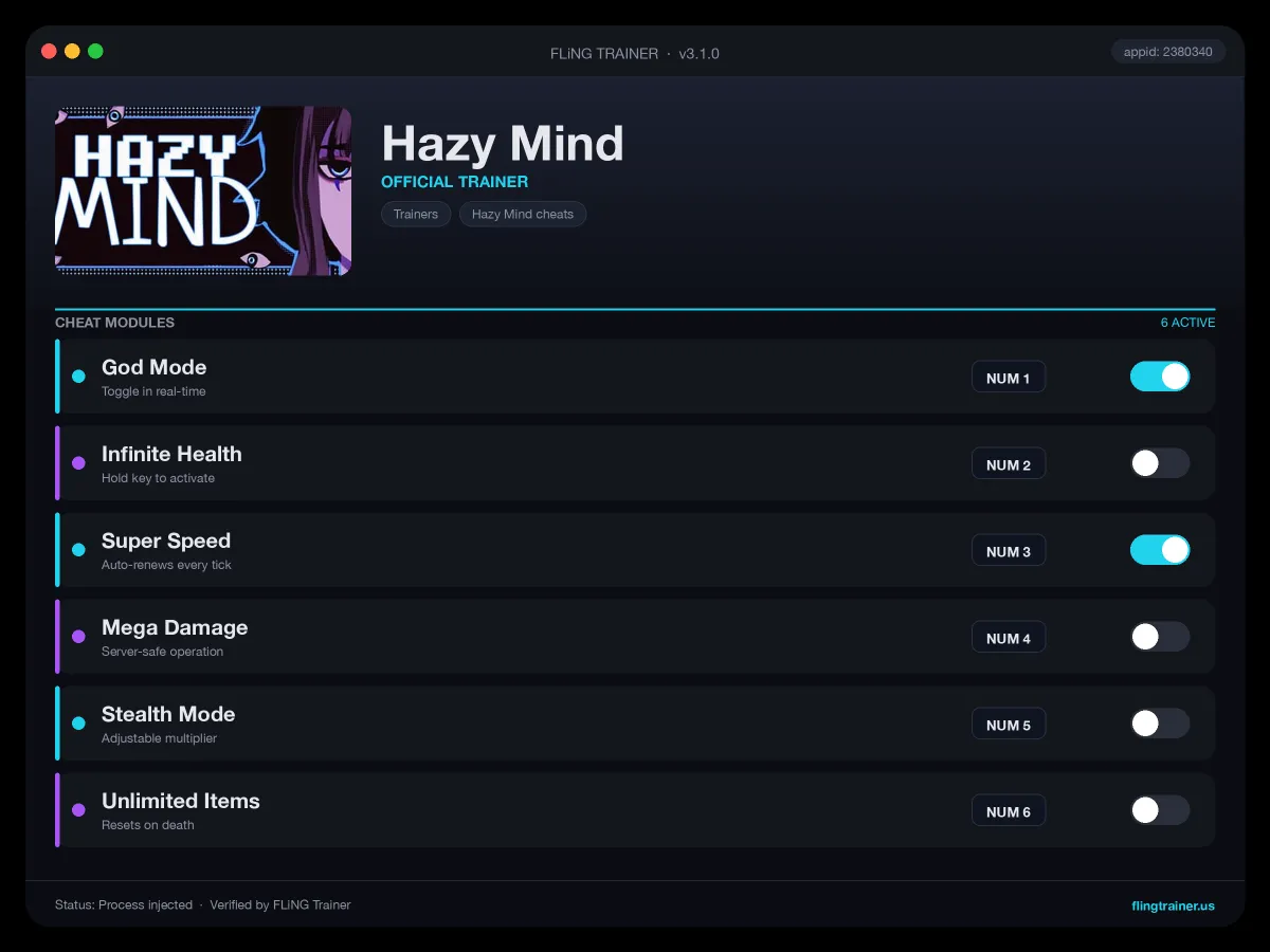 Hazy Mind Trainer interface
