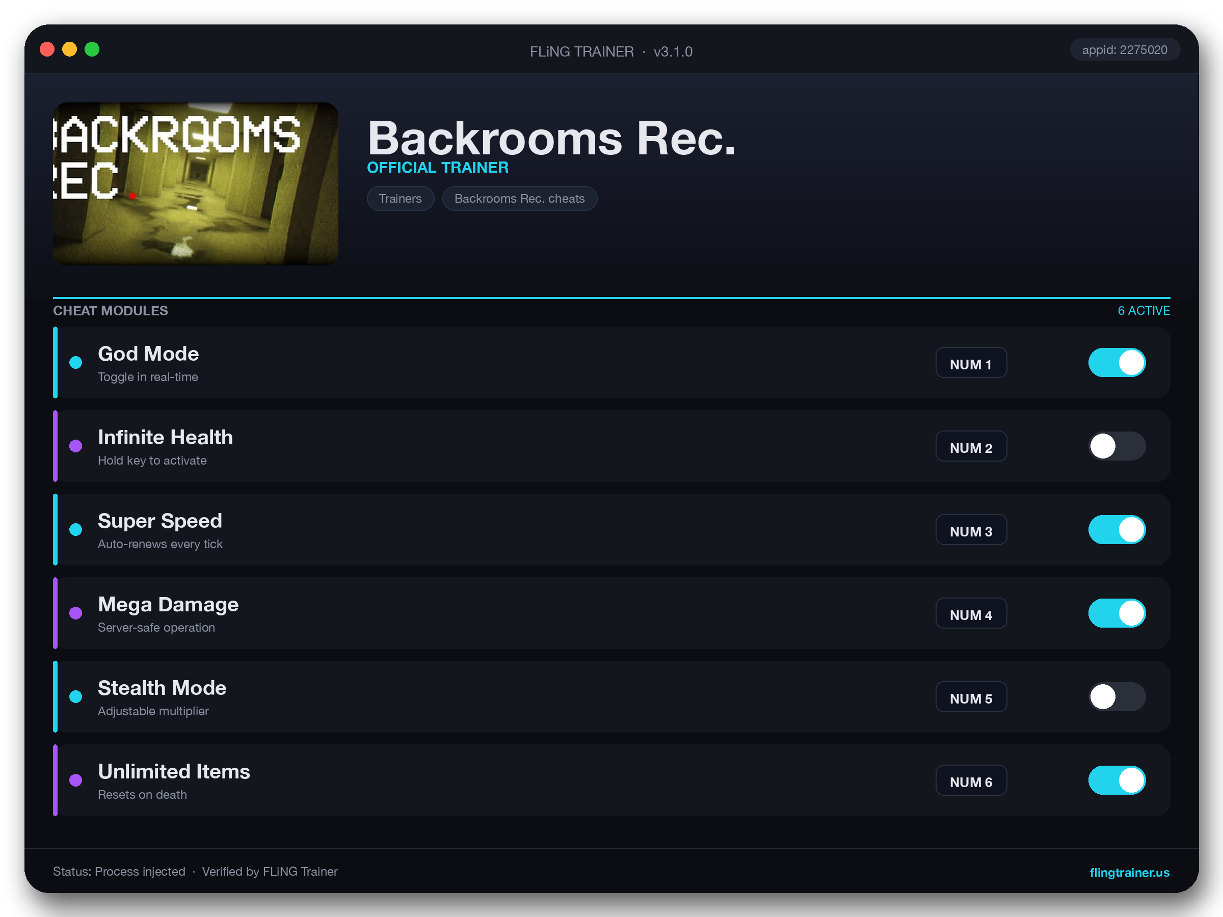 Backrooms Rec. Trainer interface