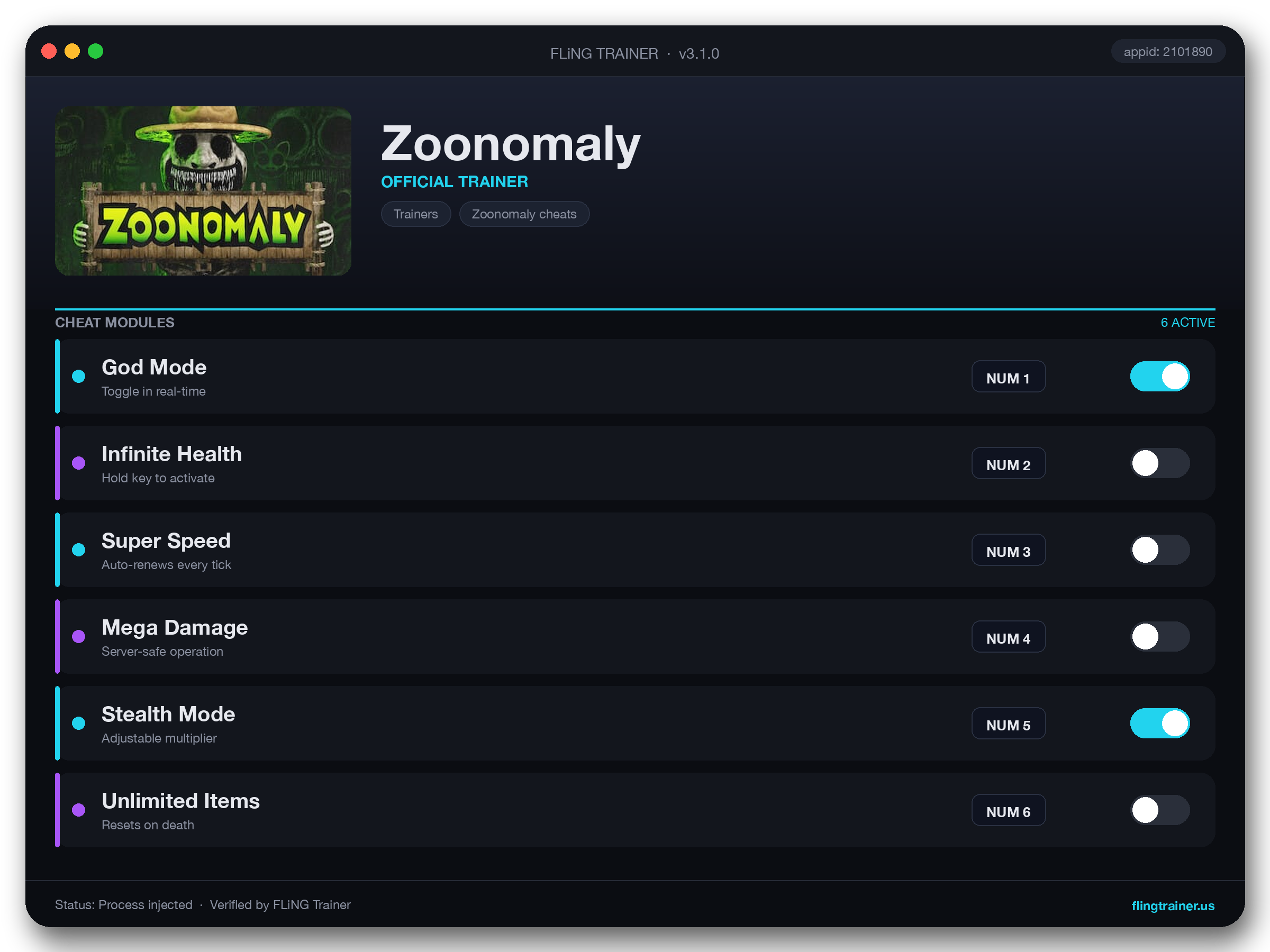 Zoonomaly Trainer interface