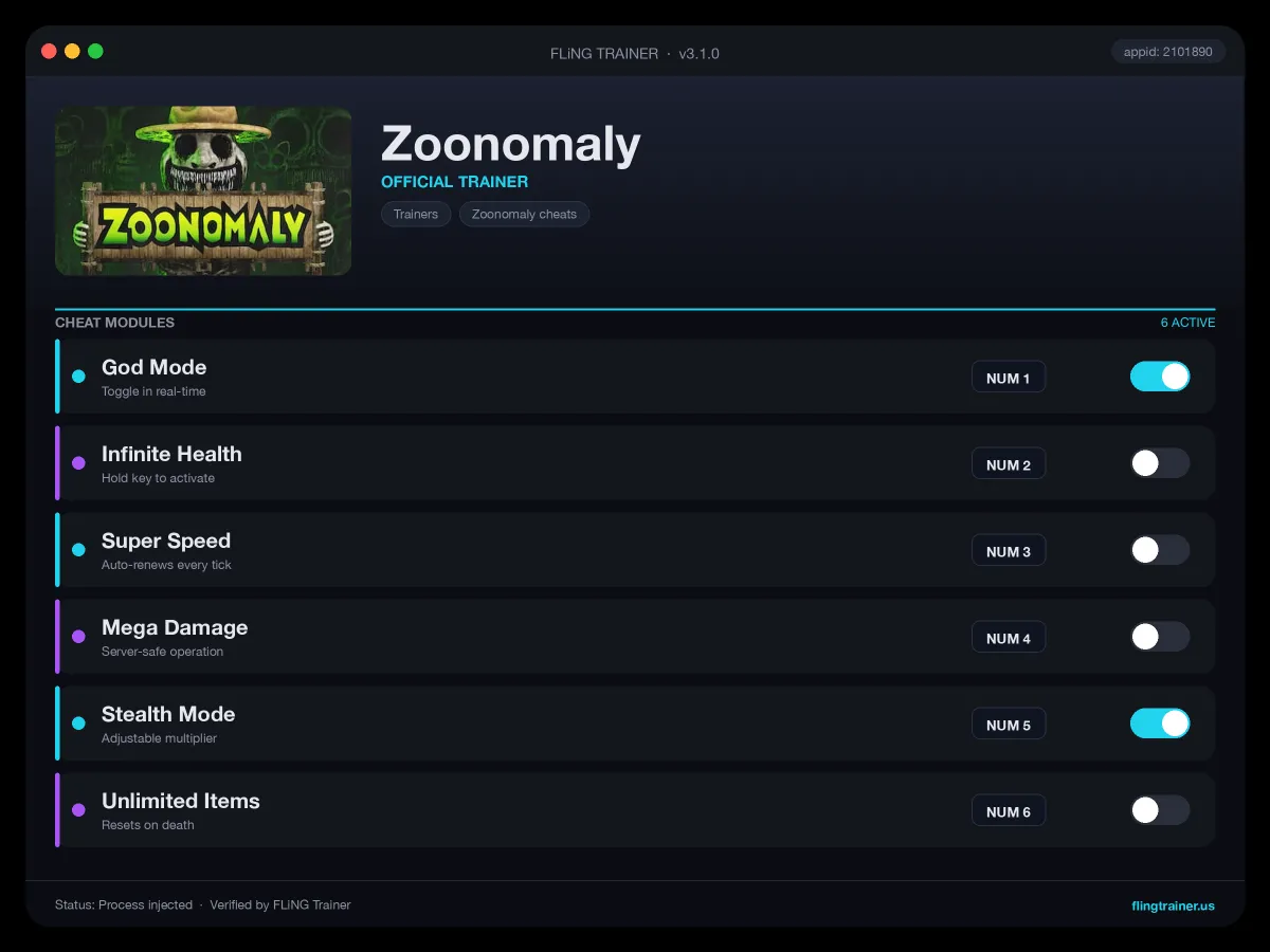 Zoonomaly Trainer interface