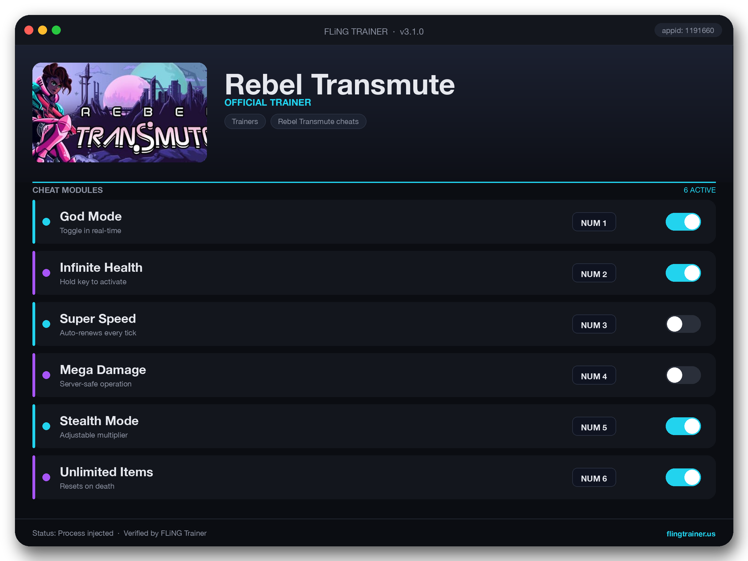 Rebel Transmute Trainer interface