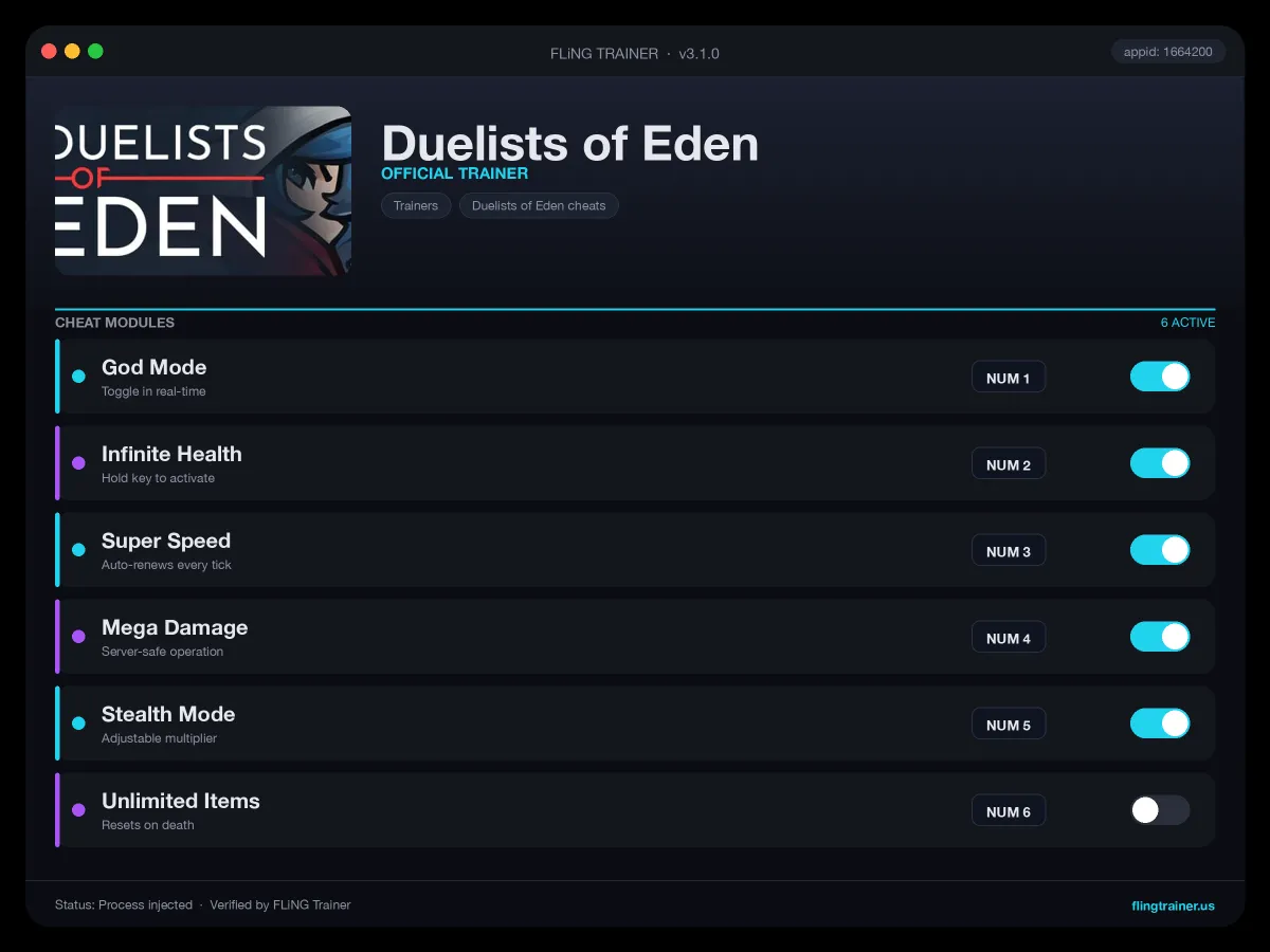 Duelists of Eden Trainer interface