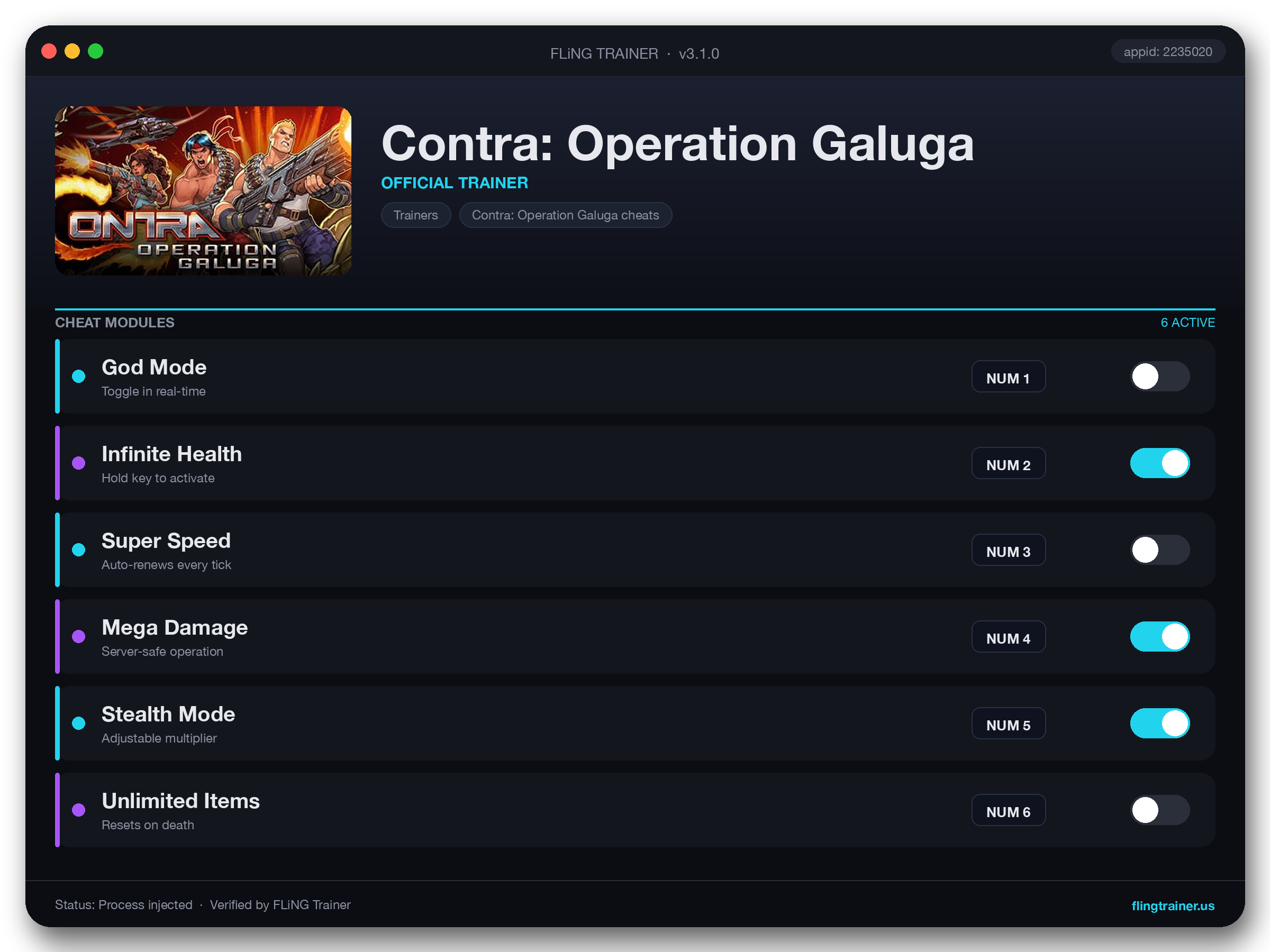 Contra: Operation Galuga Trainer interface