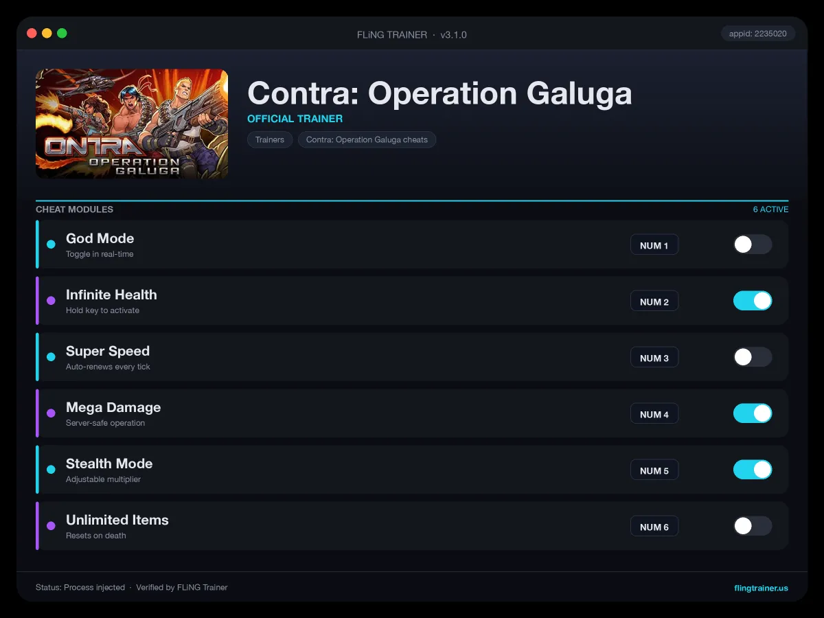 Contra: Operation Galuga Trainer interface