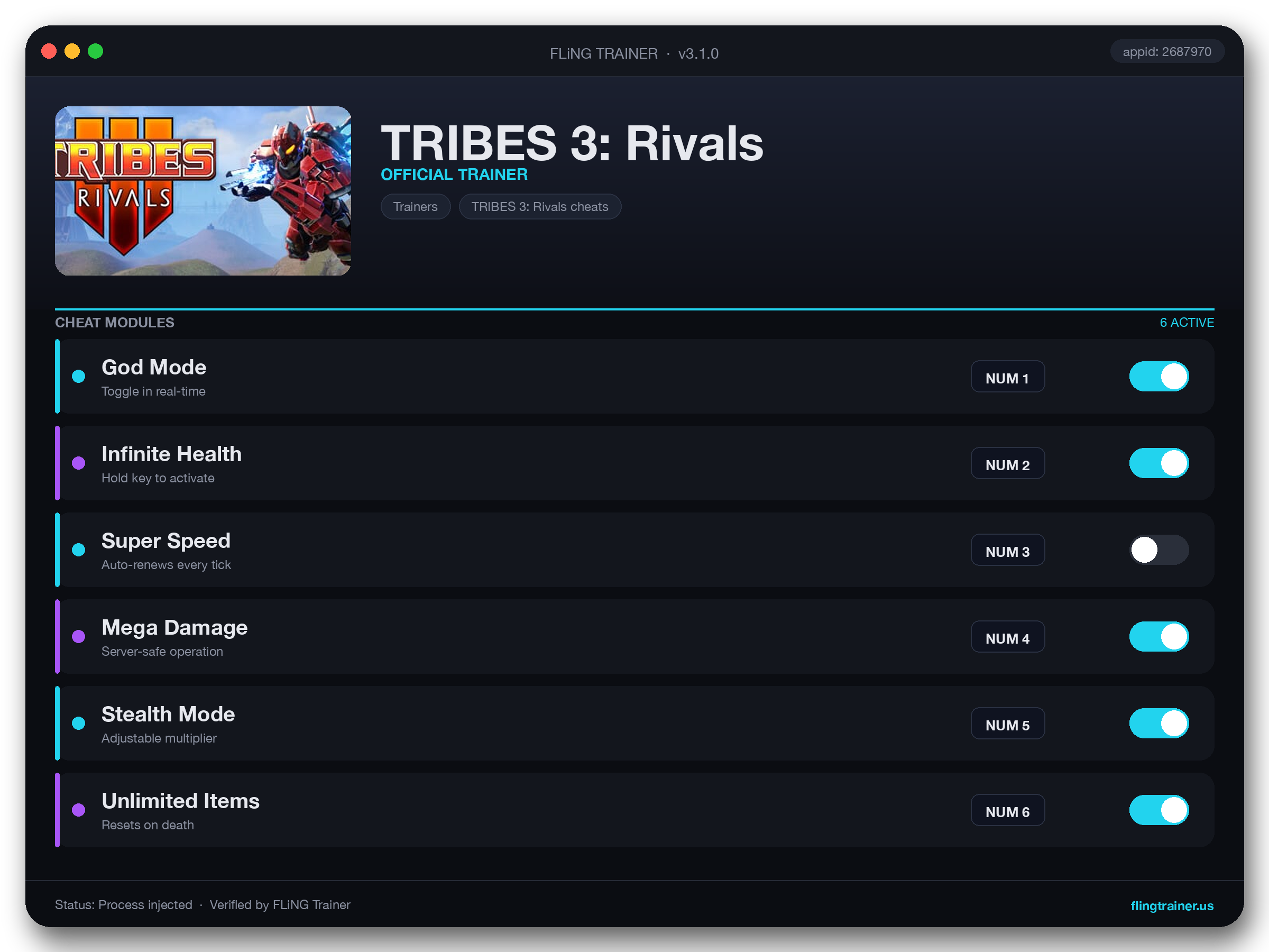 TRIBES 3: Rivals Trainer interface
