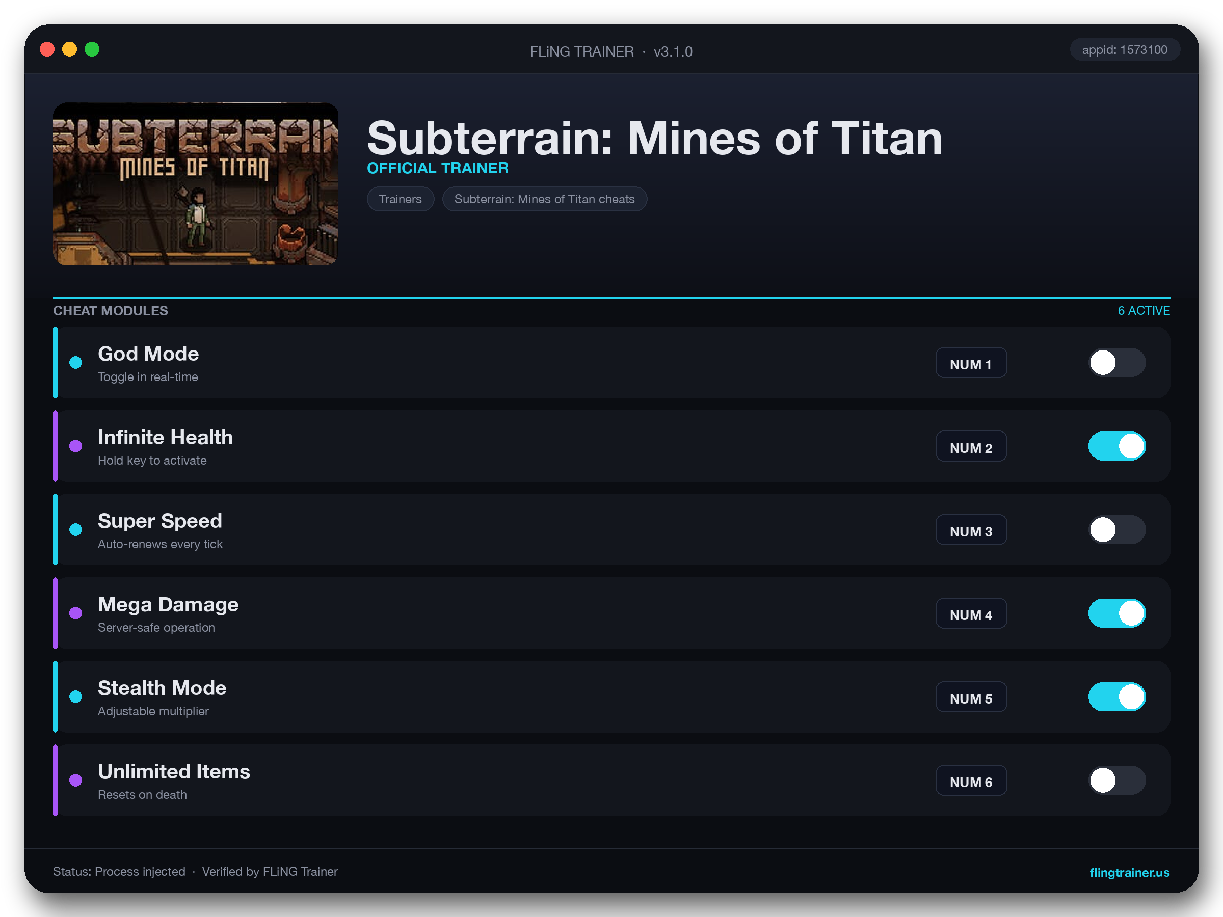 Subterrain: Mines of Titan Trainer interface