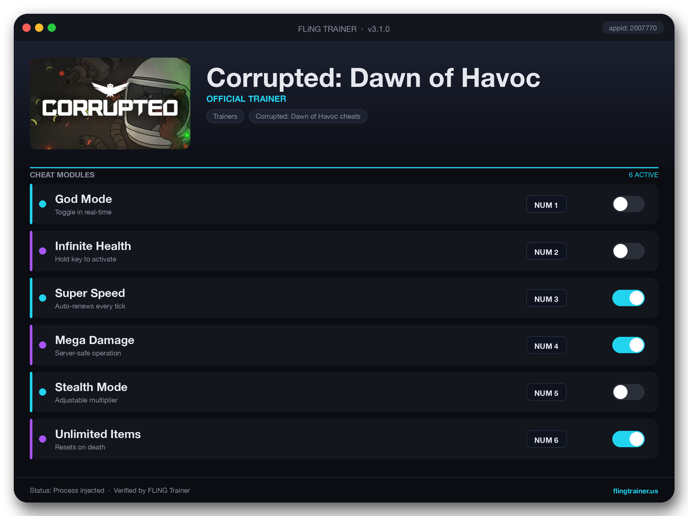 Corrupted: Dawn of Havoc Trainer interface