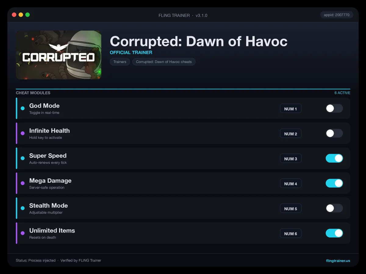 Corrupted: Dawn of Havoc Trainer interface