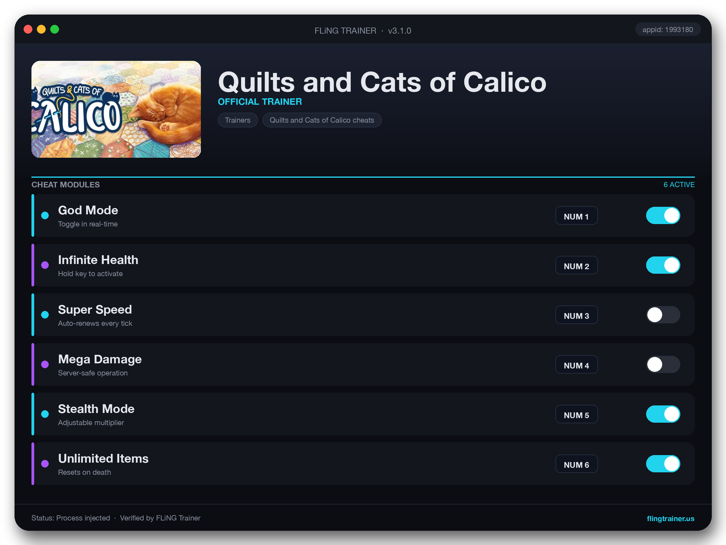 Quilts and Cats of Calico Trainer interface