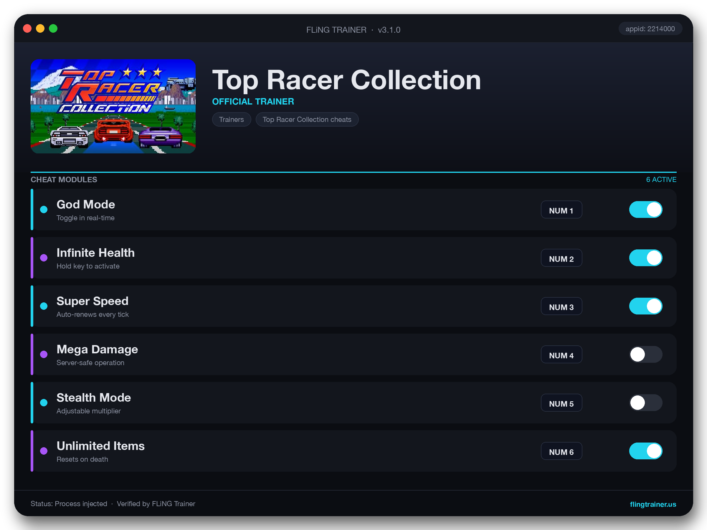 Top Racer Collection Trainer interface