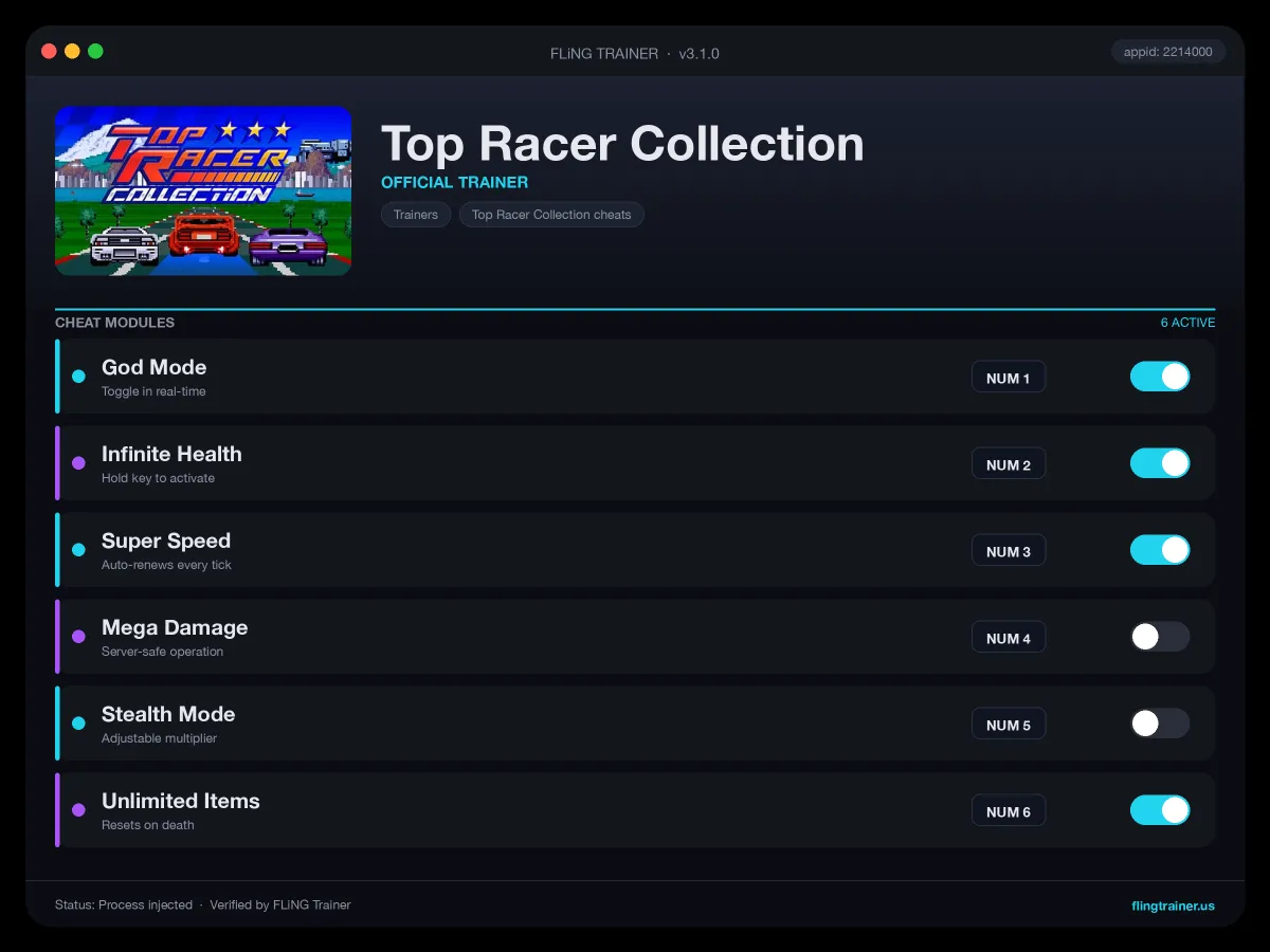 Top Racer Collection Trainer interface