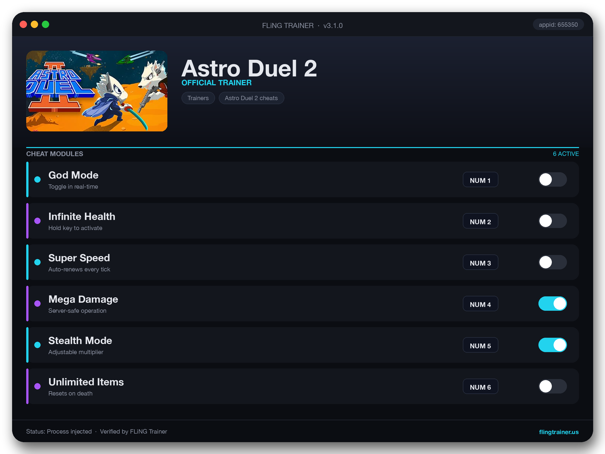 Astro Duel 2 Trainer interface