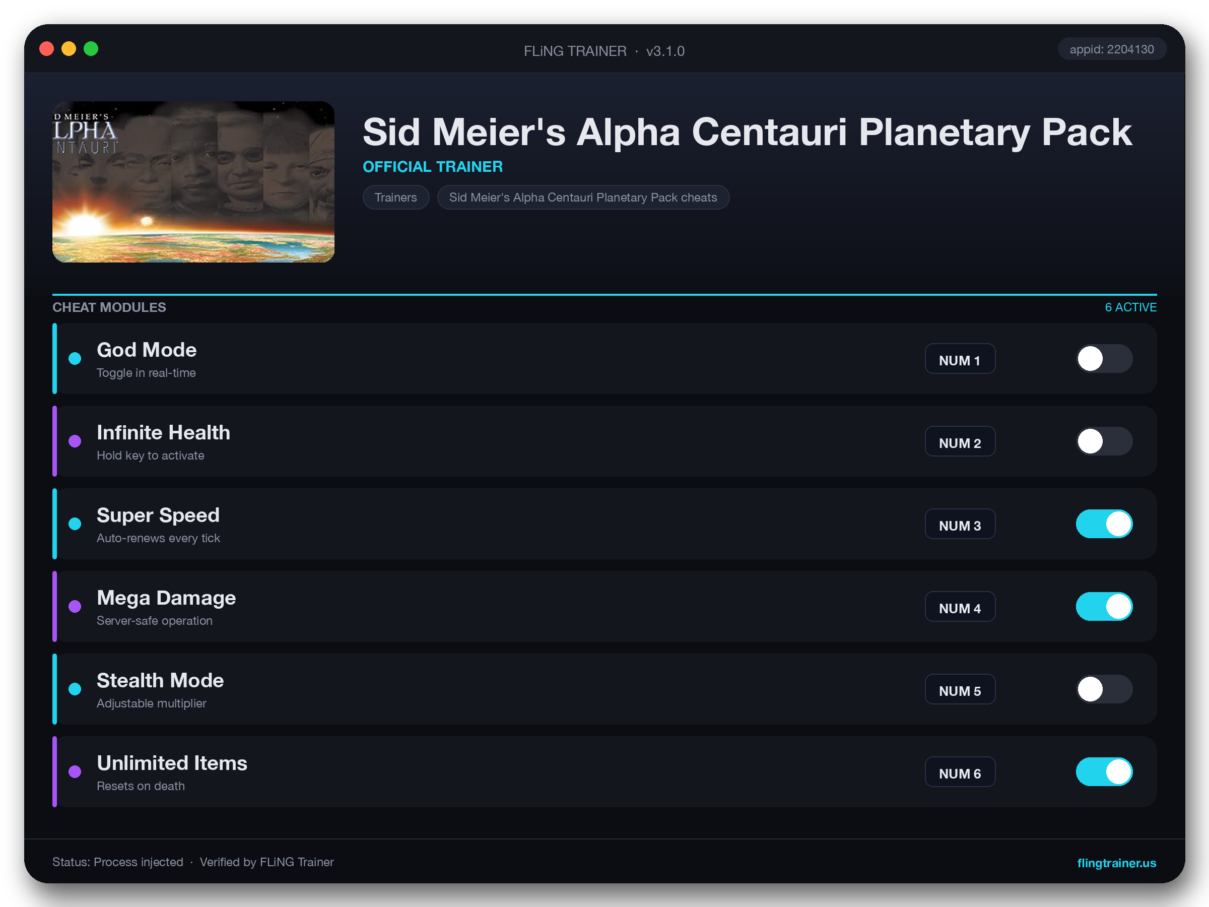 Sid Meier's Alpha Centauri Planetary Pack Trainer interface