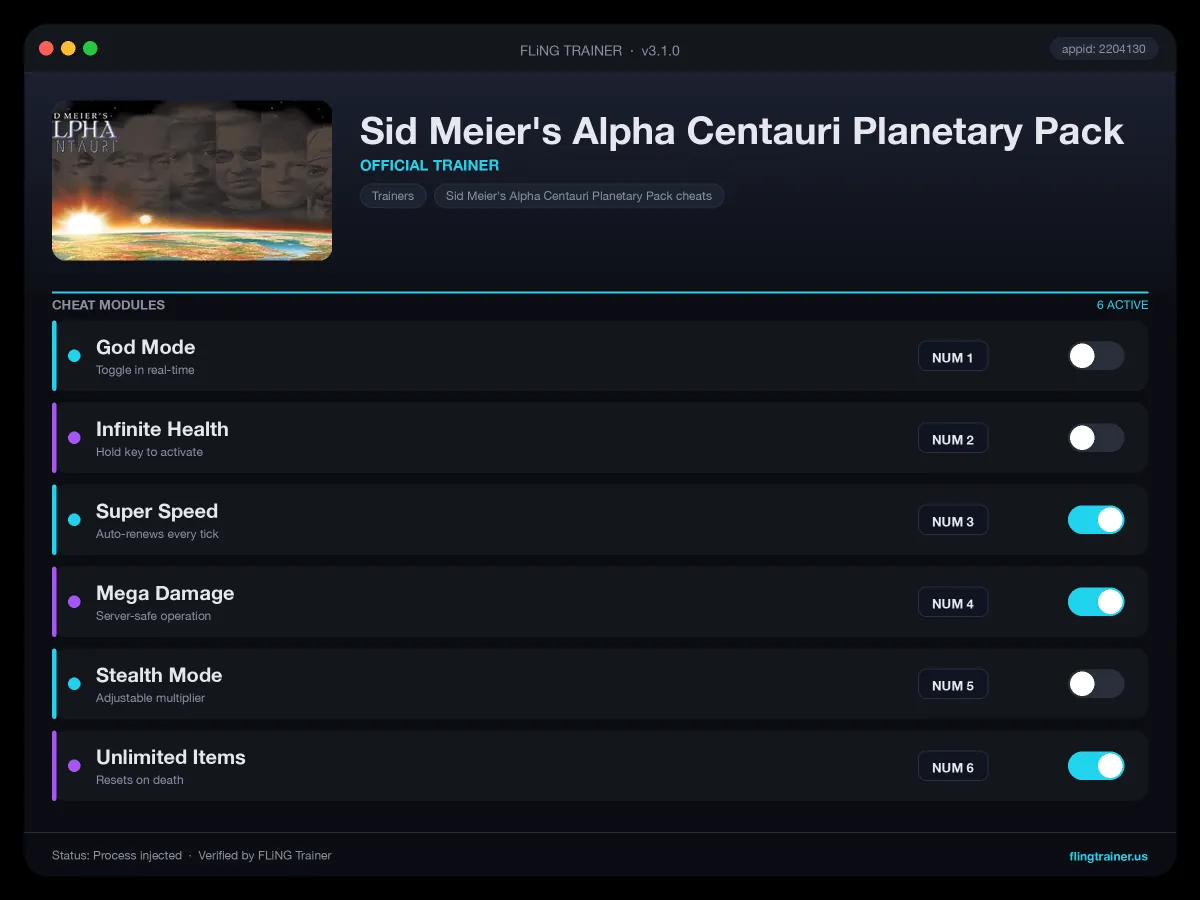 Sid Meier's Alpha Centauri Planetary Pack Trainer interface