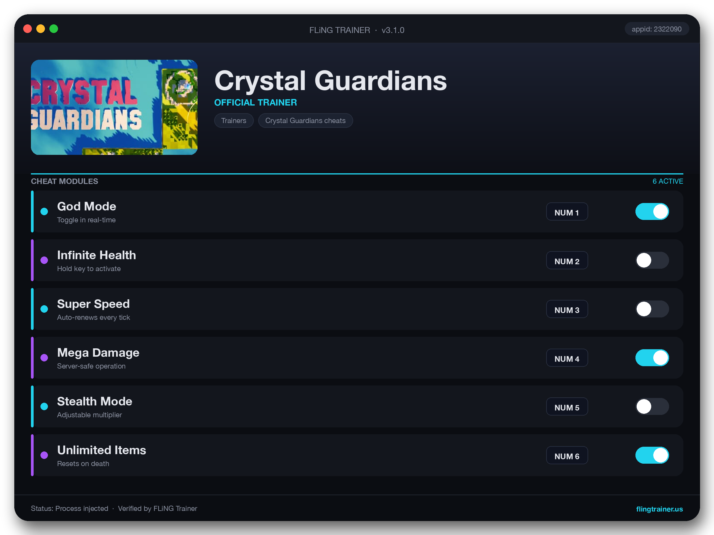 Crystal Guardians Trainer interface