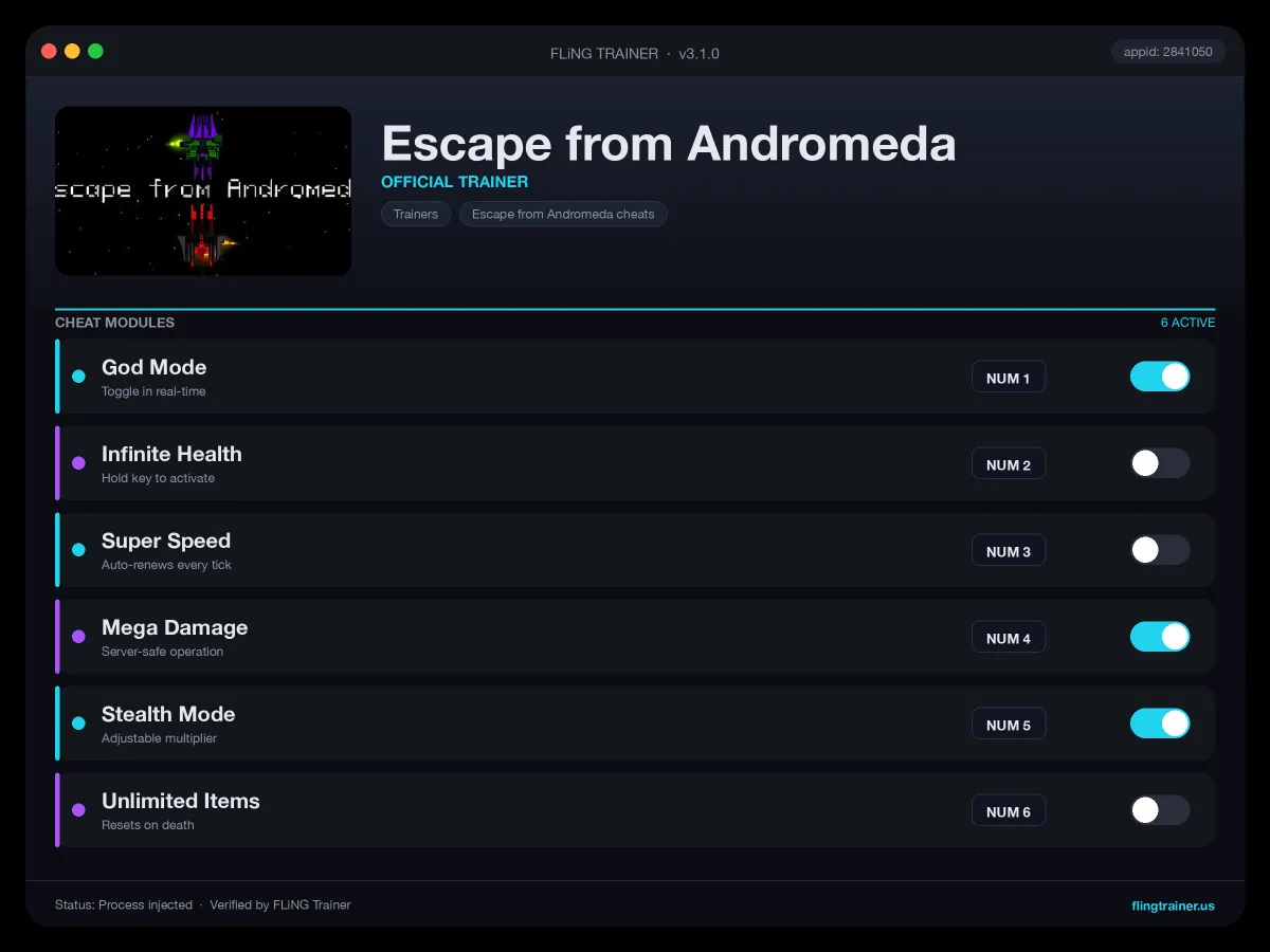 Escape from Andromeda Trainer interface