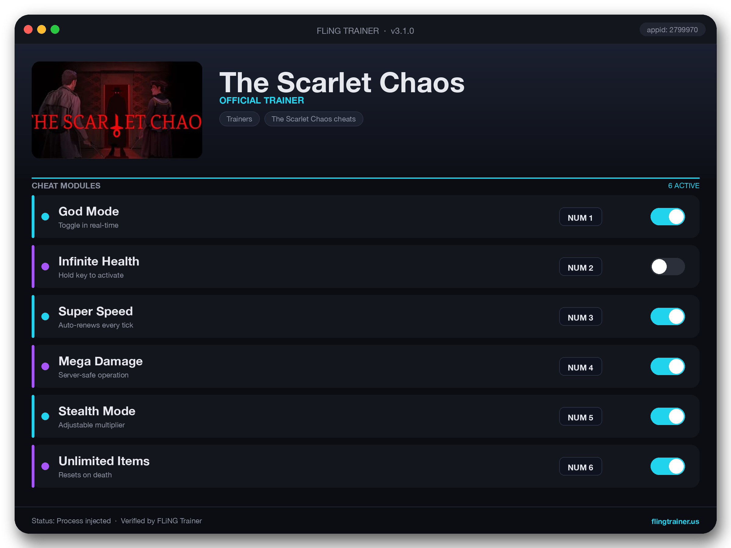The Scarlet Chaos Trainer interface