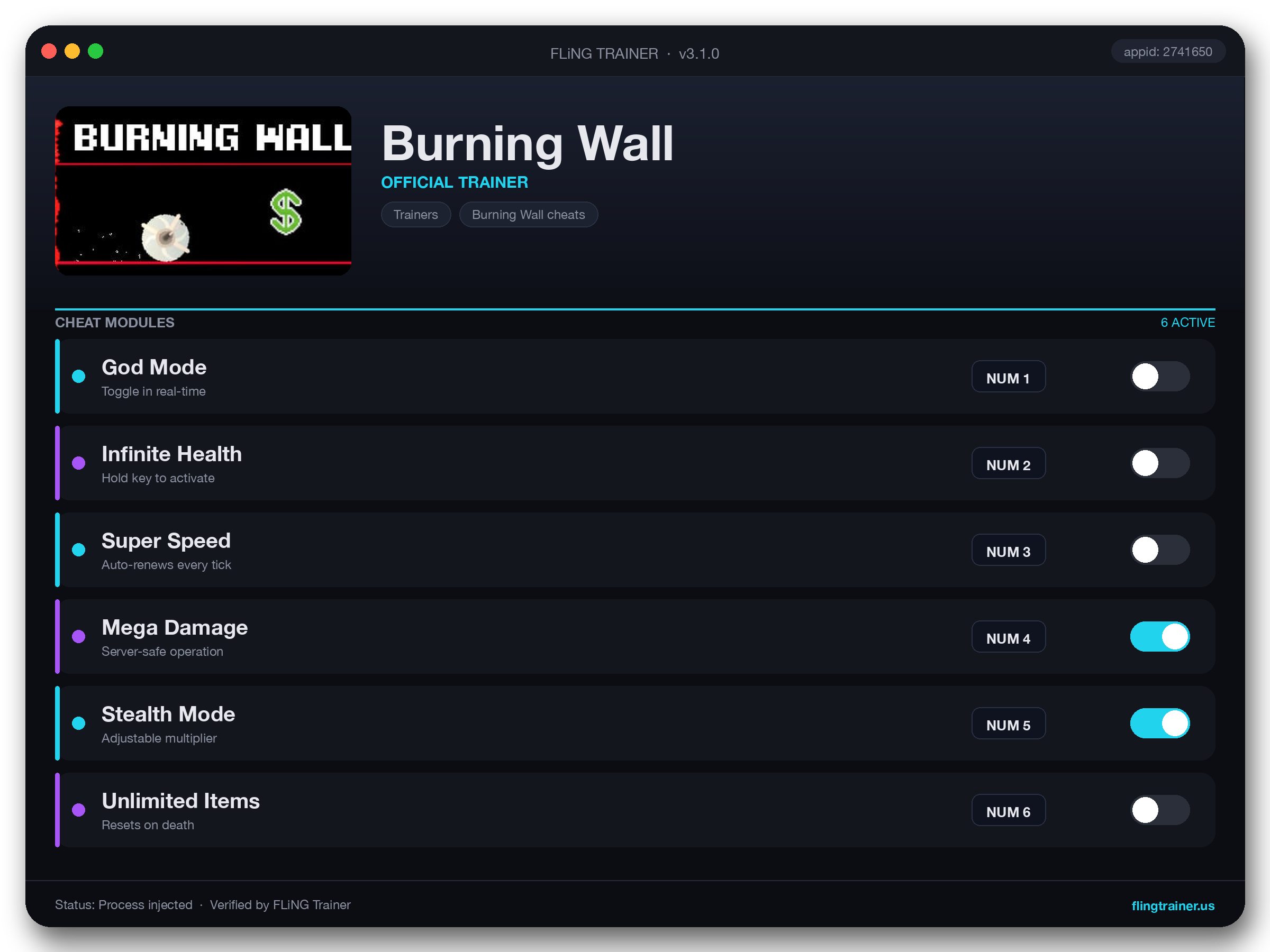Burning Wall Trainer interface