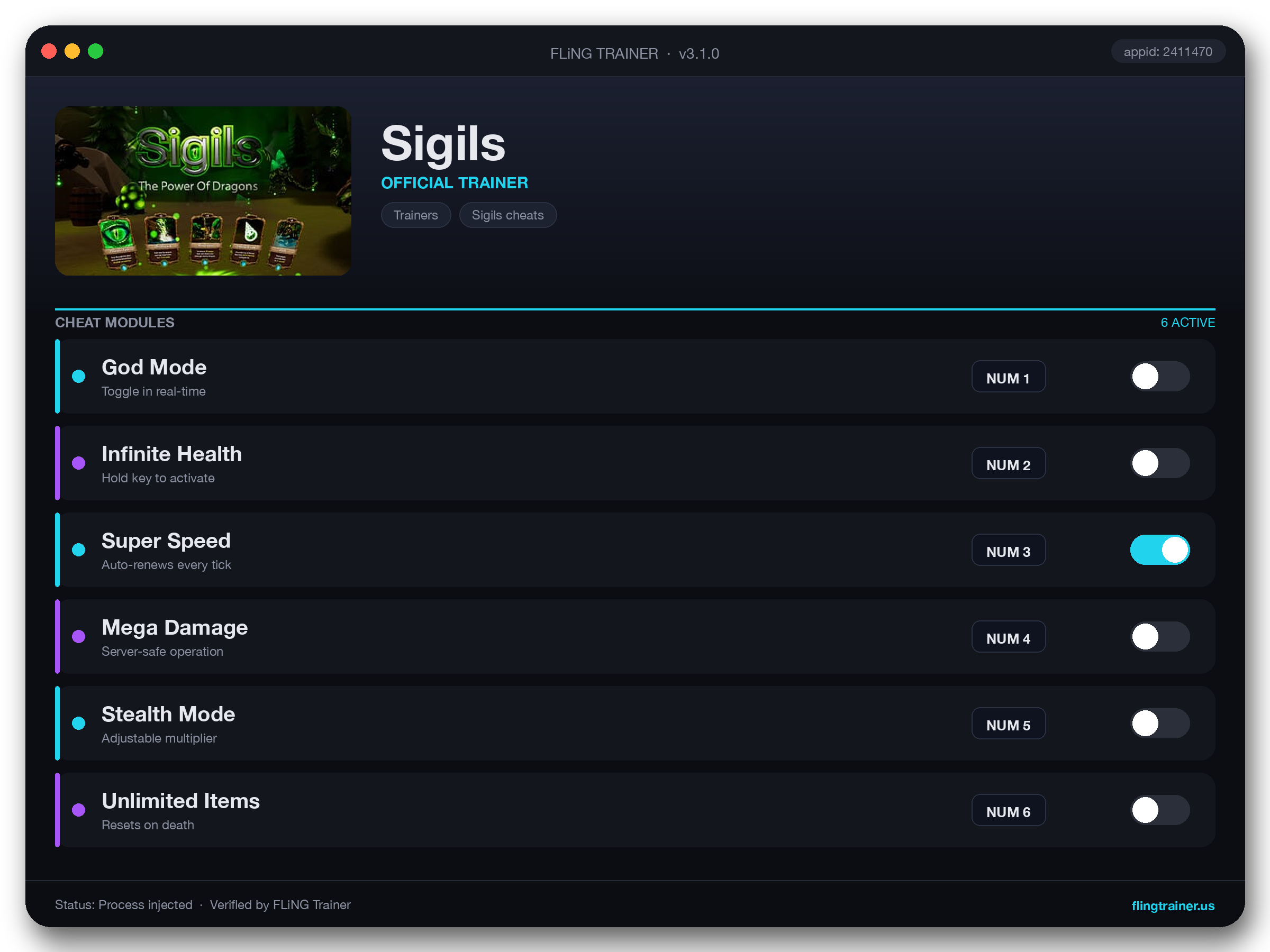 Sigils Trainer interface
