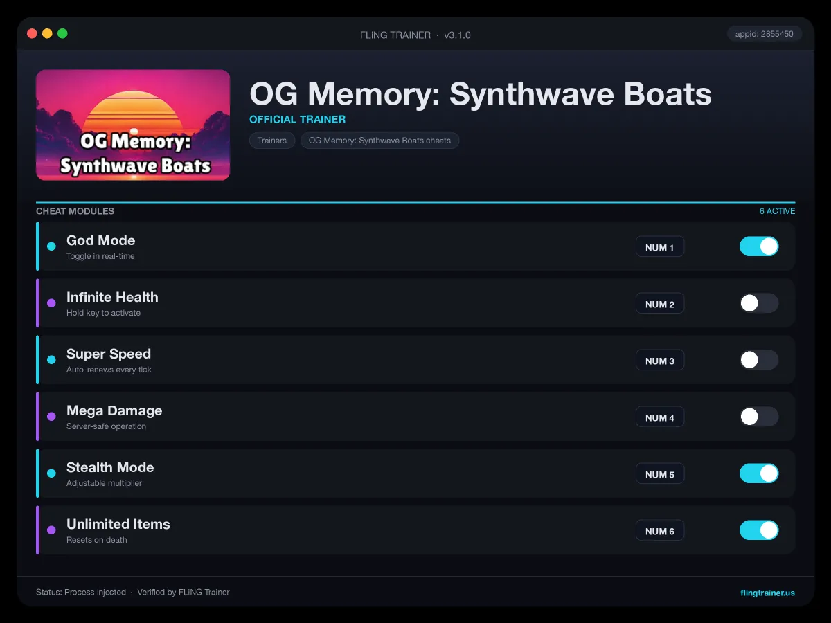 OG Memory: Synthwave Boats Trainer interface
