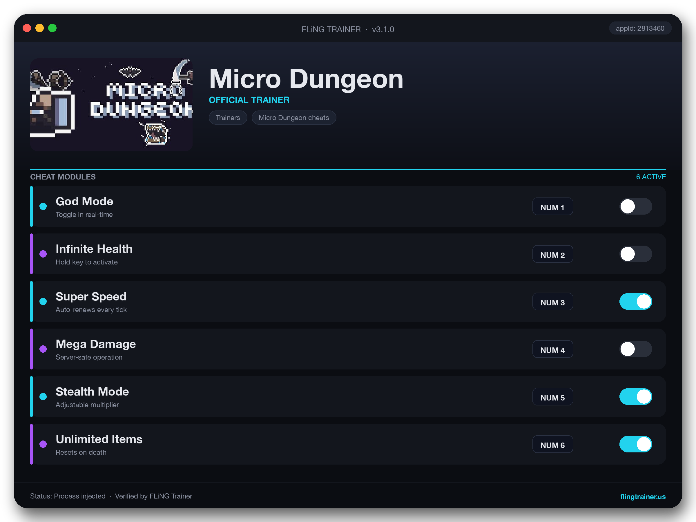 Micro Dungeon Trainer interface