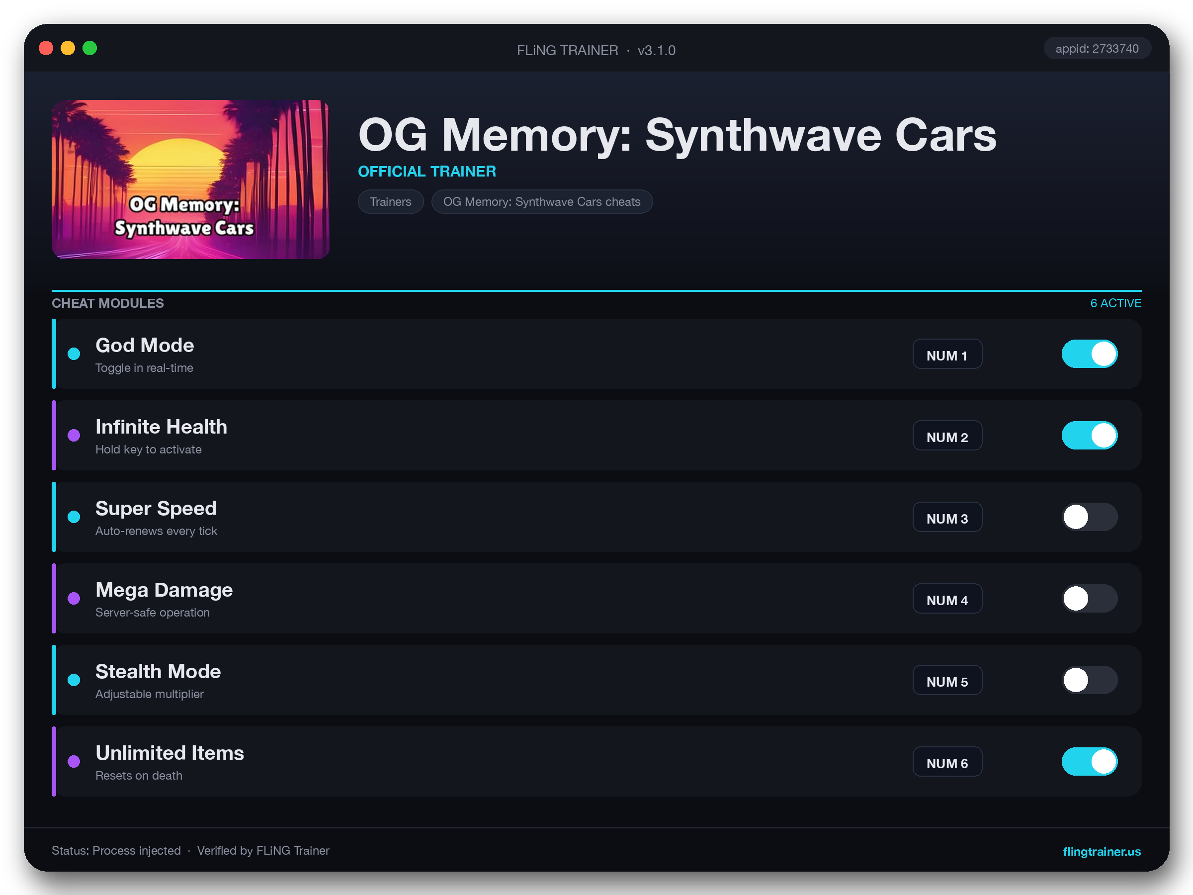 OG Memory: Synthwave Cars Trainer interface