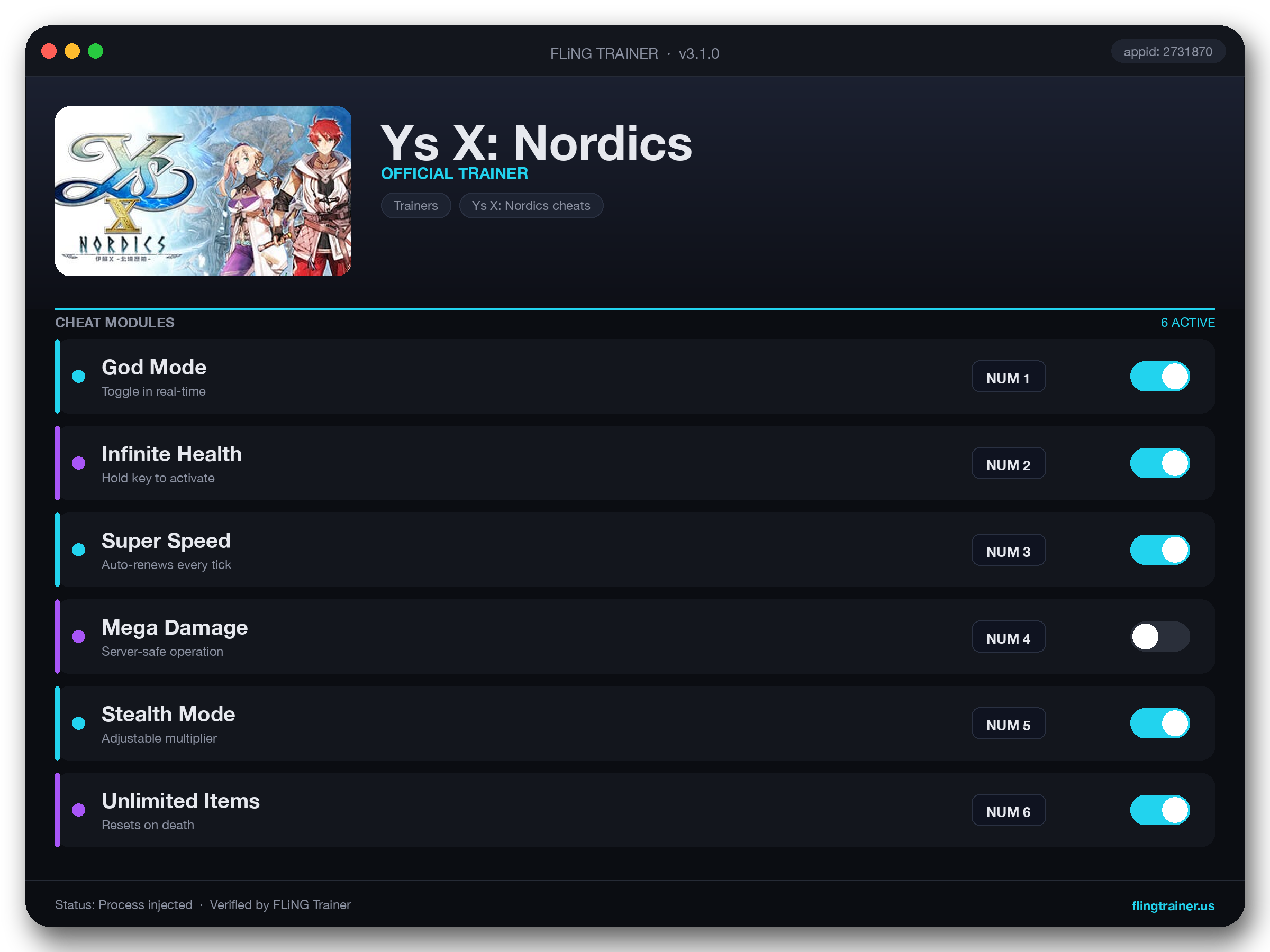 Ys X: Nordics Trainer interface