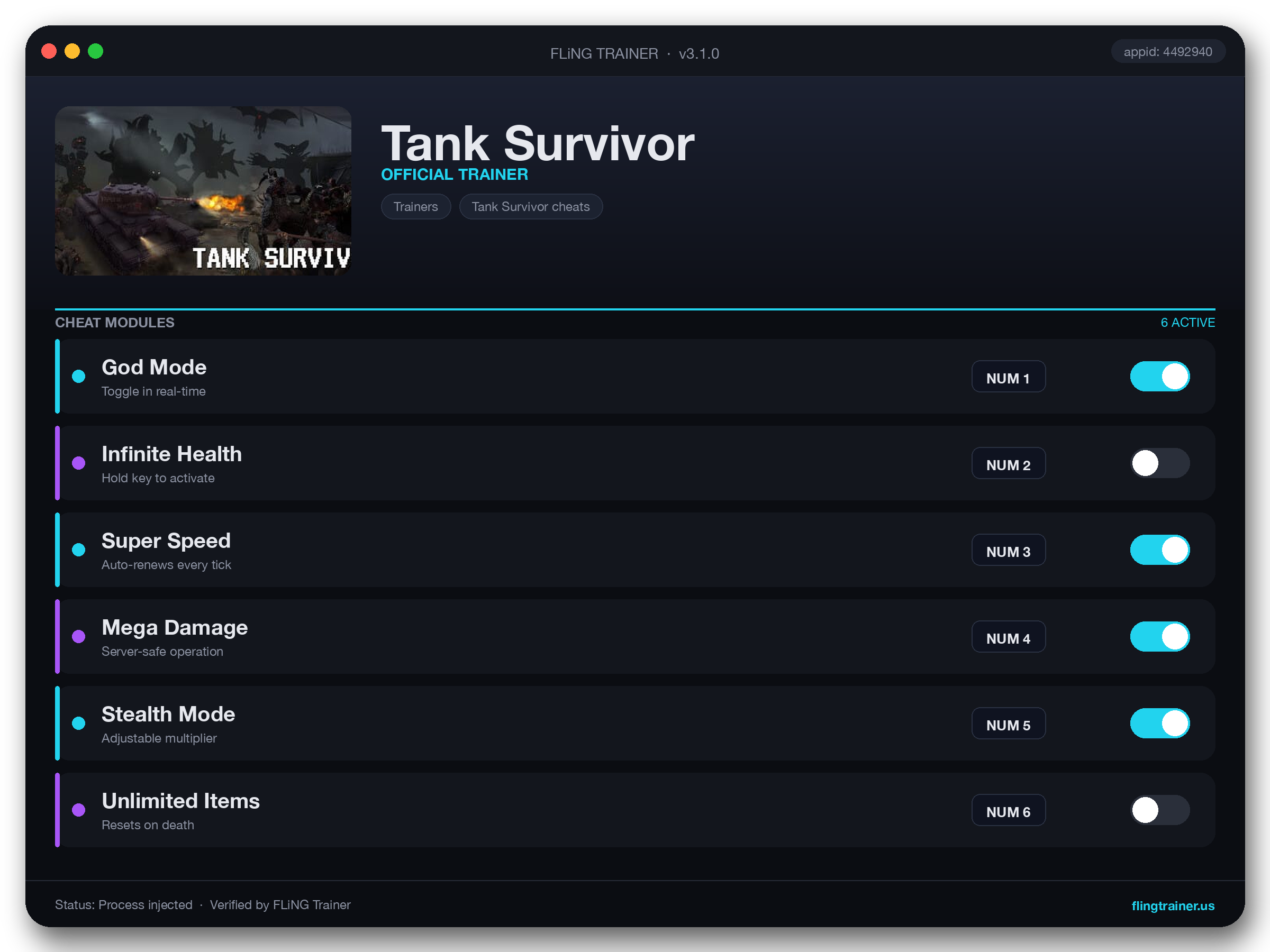 Tank Survivor Trainer interface