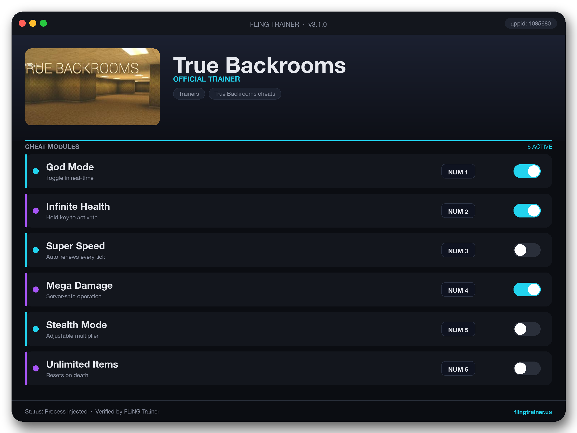 True Backrooms Trainer interface